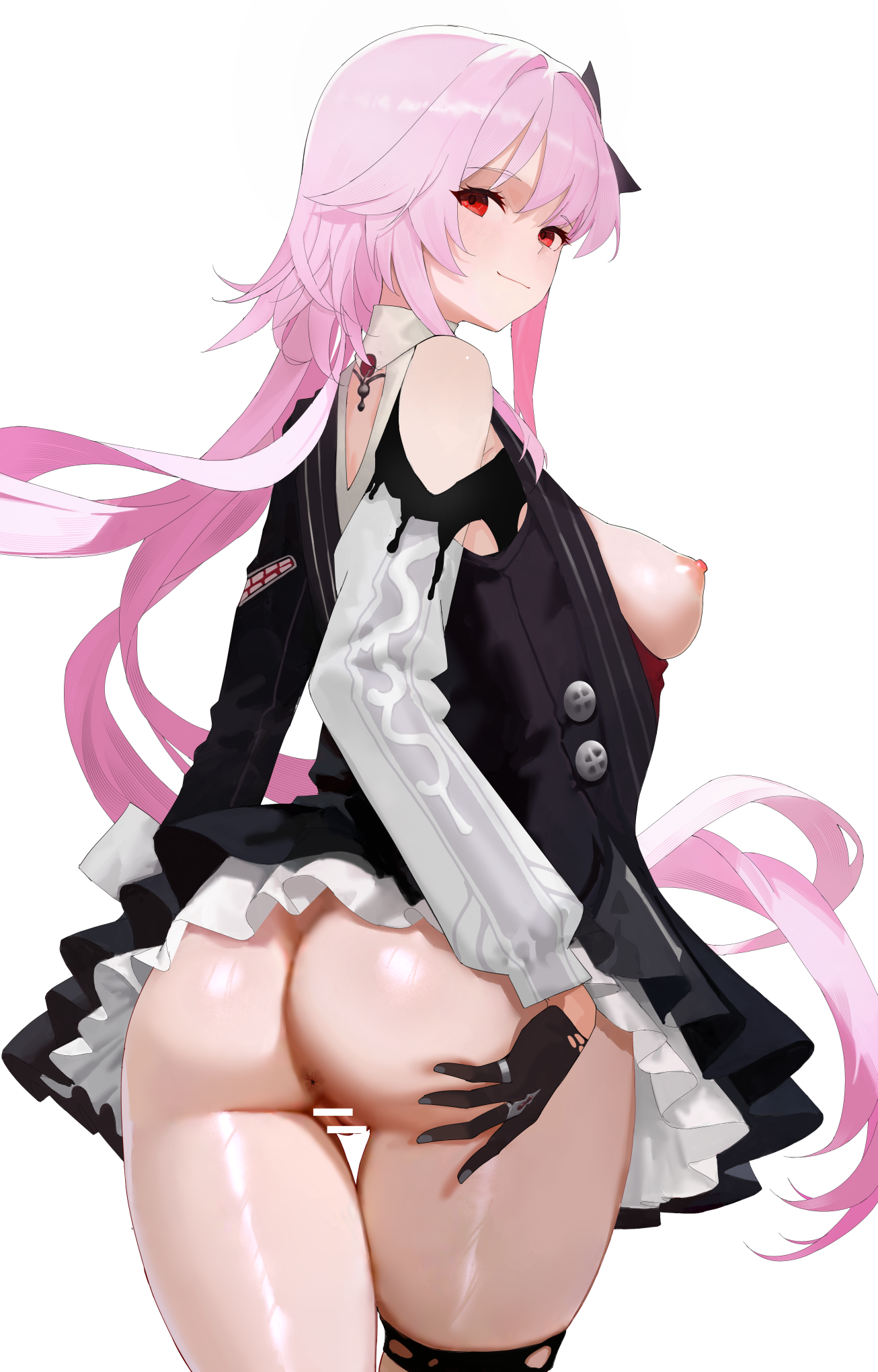 fuujin (windust michio), evernight (honkai: star rail), march 7th (honkai: star rail), honkai: star rail, honkai (series), highres, 1girl, anus, ass, asymmetrical dress, bar censor, black dress, black flower, black gloves, breasts, breasts out, censored, dress, flower, flower ornament, gloves, hair flower, hair ornament, hairclip, half-jacket, long hair, long sleeves, looking at viewer, nipples, official alternate eye color, parallel hairclips, pink hair, pussy, red eyes, simple background, smile, solo, white background