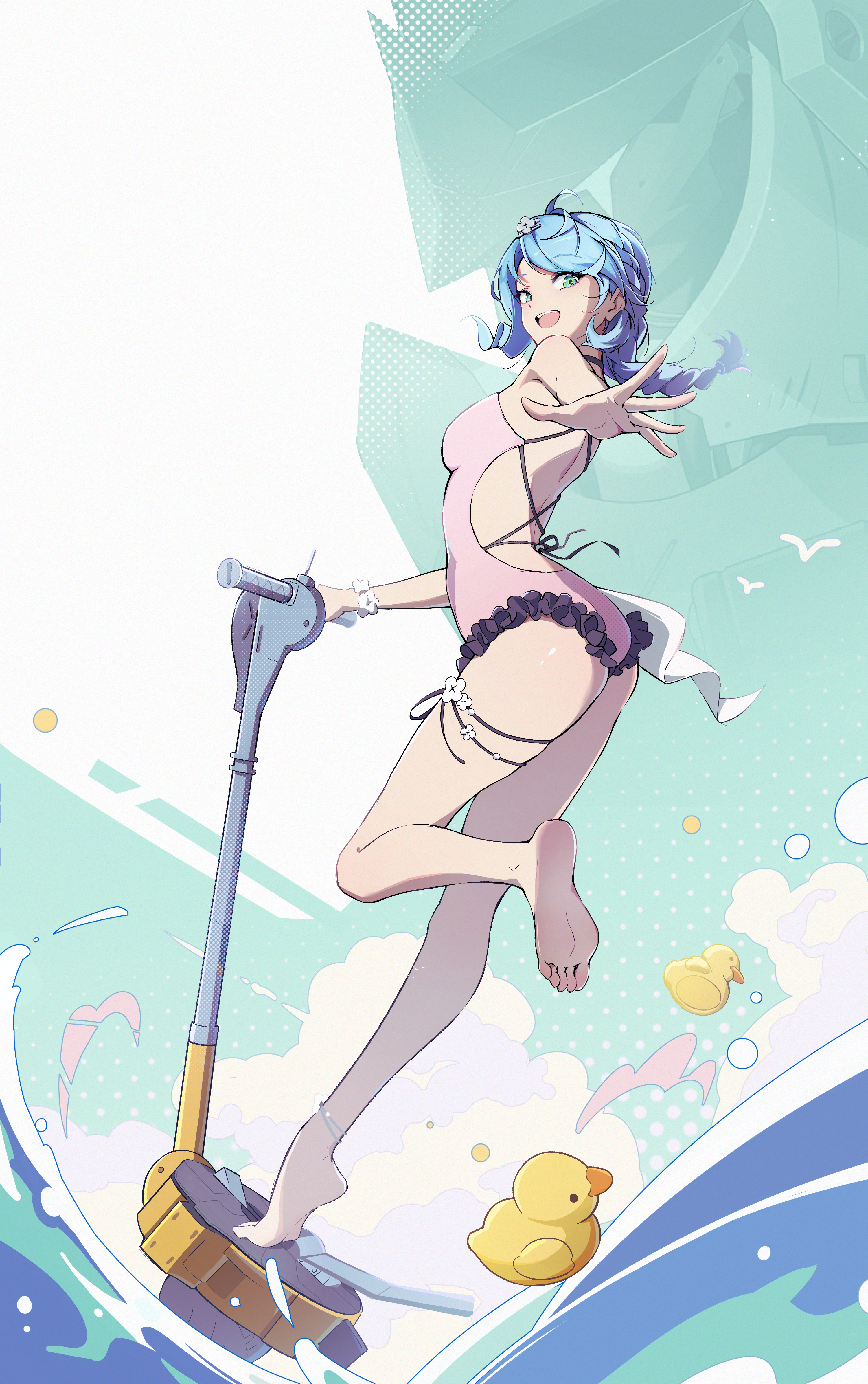 zhutou 333, seed (zenless zone zero), zenless zone zero, absurdres, highres, 1girl, anklet, bare arms, bare back, bare legs, bare shoulders, barefoot, blue hair, breasts, feet, green eyes, jewelry, long hair, looking at viewer, looking back, one-piece swimsuit, open mouth, pink one-piece swimsuit, soles, swimsuit, water