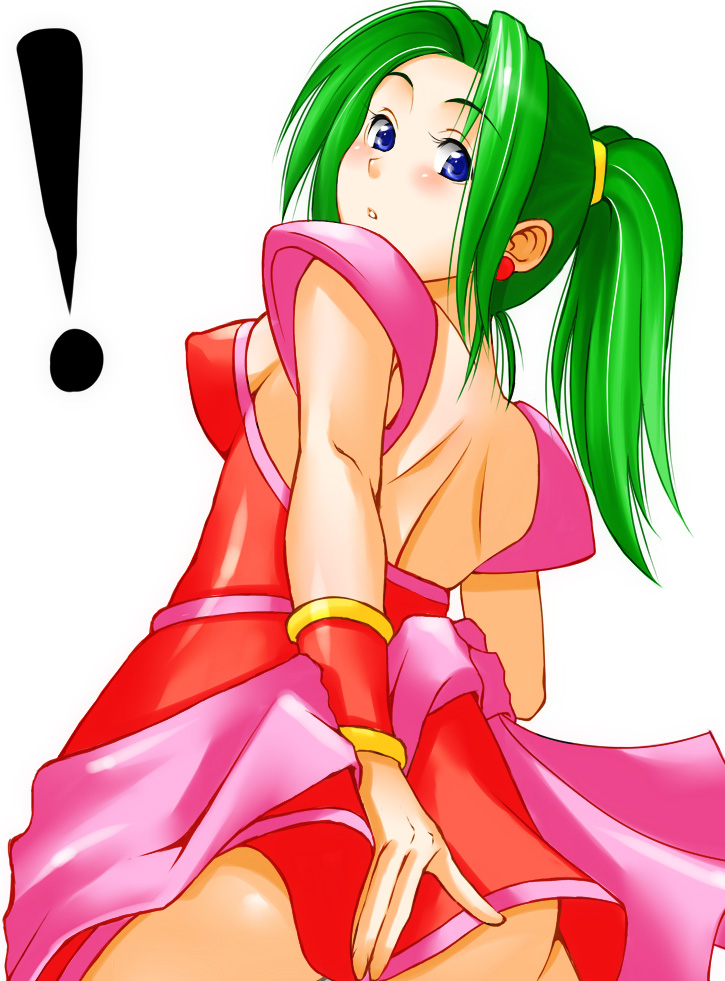 yukihiro, tina branford, final fantasy, final fantasy vi, bad id, bad pixiv id, !, 1990s (style), 1girl, ass, blue eyes, blush, breasts, earrings, female focus, green hair, jewelry, leotard, looking back, ponytail, red leotard, retro artstyle, signature, simple background, solo