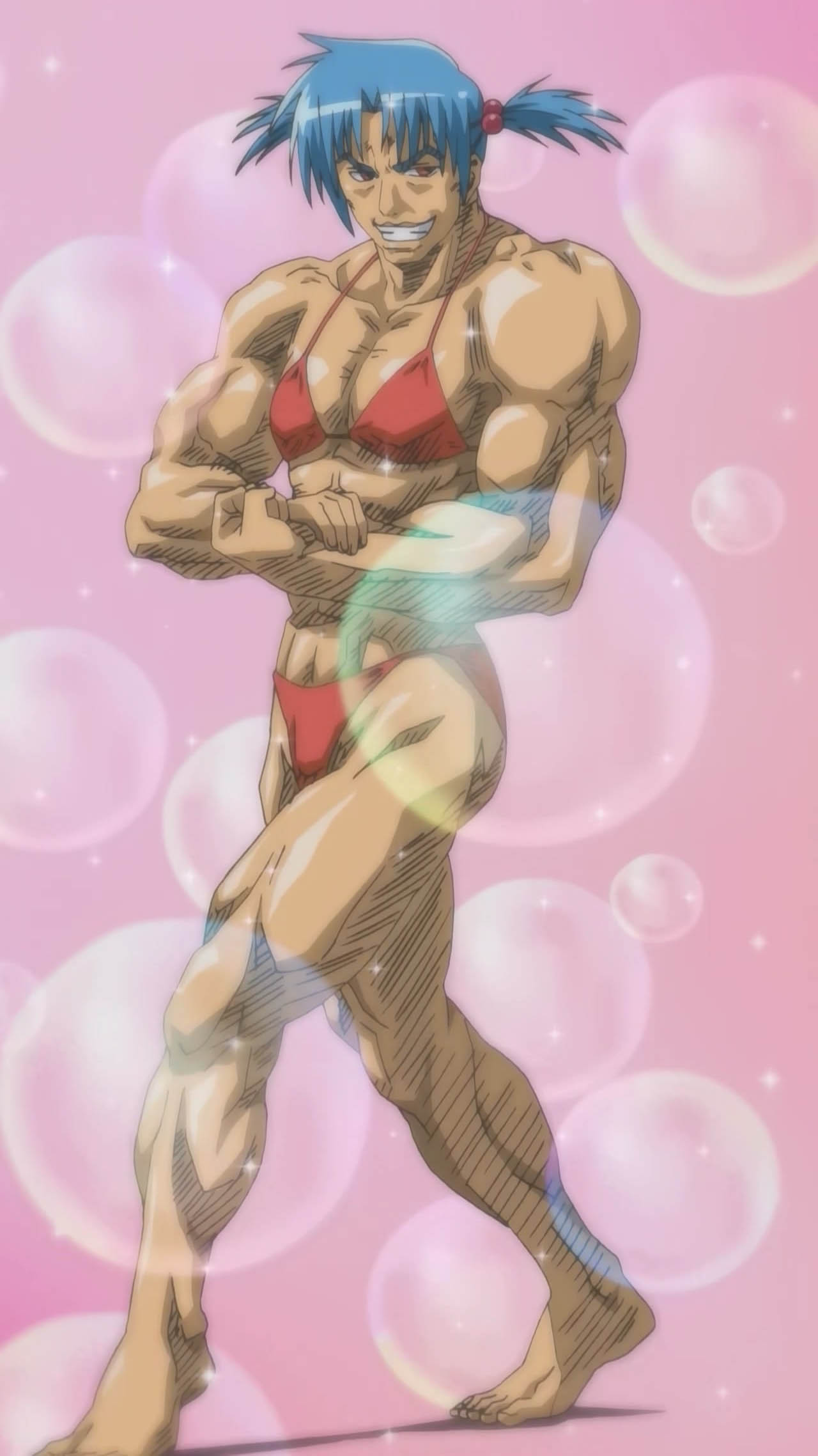 britney, hayate no gotoku!, anime screenshot, highres, stitched, third-party edit, 00s, 1girl, bikini, blue hair, female focus, muscular, short hair, solo, standing, swimsuit