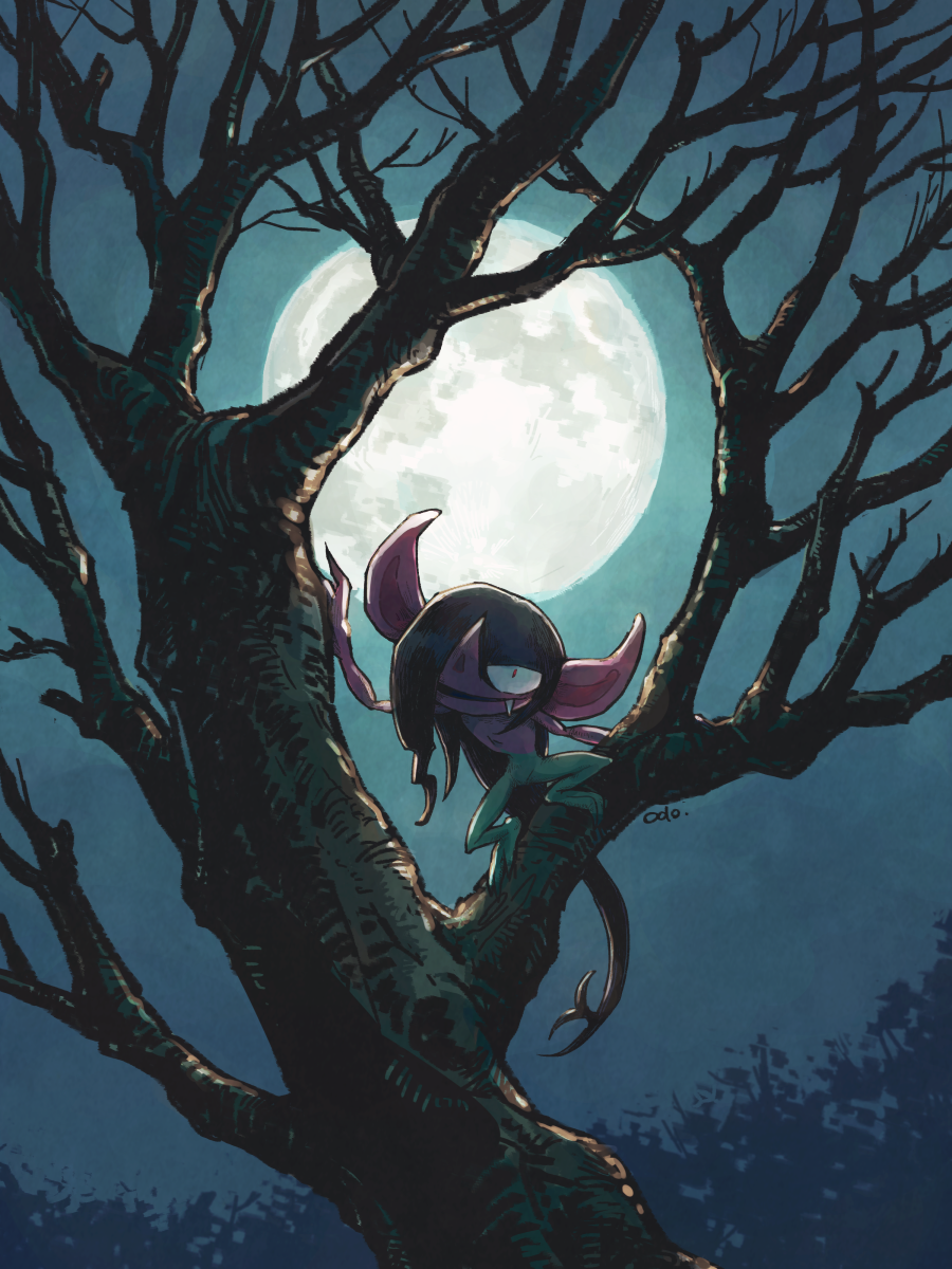 odo 7ta, morgrem, nintendo, pokemon, commentary request, highres, bare tree, evil smile, fang, full moon, gen 8 pokemon, hair over one eye, in tree, long hair, moon, night, open mouth, pointy ears, pointy nose, pokemon (creature), pokemon focus, smile, solo, tree