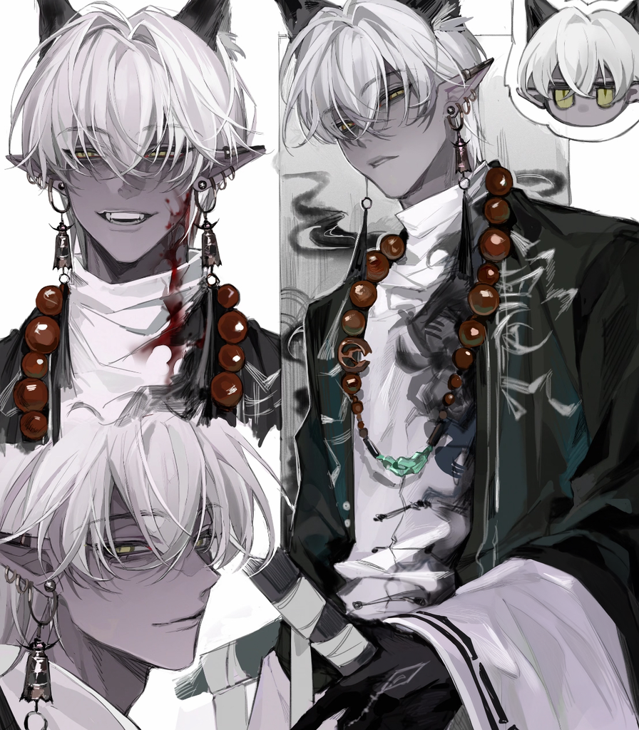 zhishiwan, original, bad source, 1boy, animal ears, cat ears, character chart, close-up, collage, collared shirt, curtained hair, evil smile, glowing, glowing eyes, grin, hair over one eye, haori, jacket, japanese clothes, jewelry, long sleeves, looking at viewer, looking to the side, male focus, messy hair, multiple views, necklace, open clothes, open robe, parted lips, pensive, portrait, reference sheet, robe, shirt, short hair, sidelocks, sketch, sleeves past wrists, slit pupils, smile, smirk, solo focus, spot color, standing, sumi-e, upper body, white background, white hair, yellow eyes
