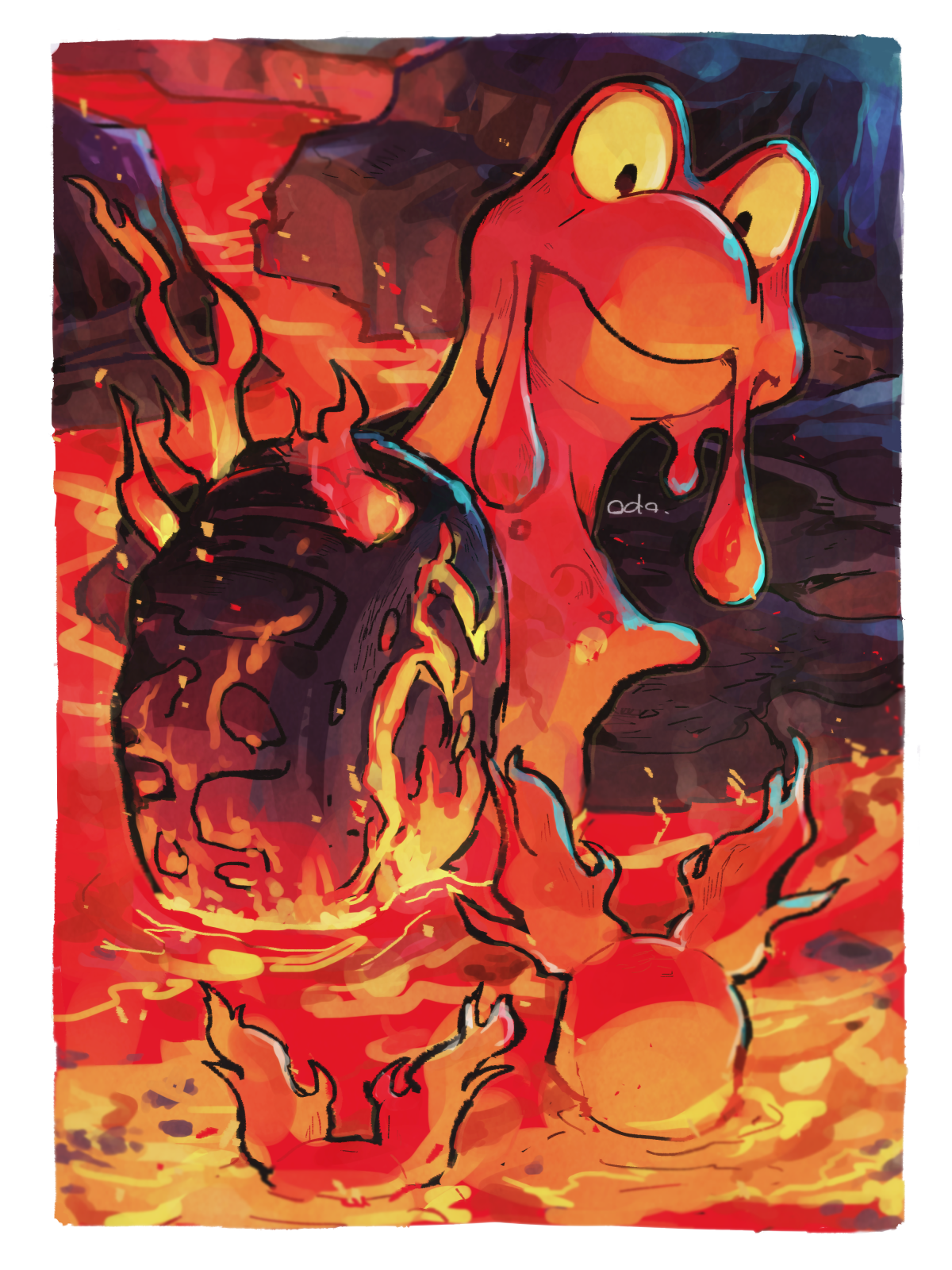odo 7ta, magcargo, slugma, nintendo, pokemon, commentary request, highres, border, evolutionary line, fire, gen 2 pokemon, lava, no humans, pokemon (creature), pokemon focus, white border