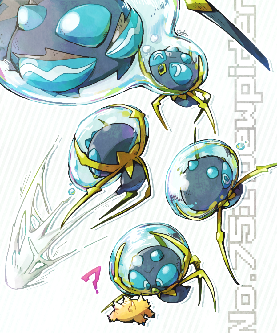 odo 7ta, araquanid, dewpider, joltik, nintendo, pokemon, commentary request, ?, air bubble, animal focus, artist name, bubble, bug, closed eyes, evolutionary line, gen 5 pokemon, gen 7 pokemon, no humans, open mouth, pokedex number, pokemon (creature), pokemon focus, silk, simple background, spider web, water, white background