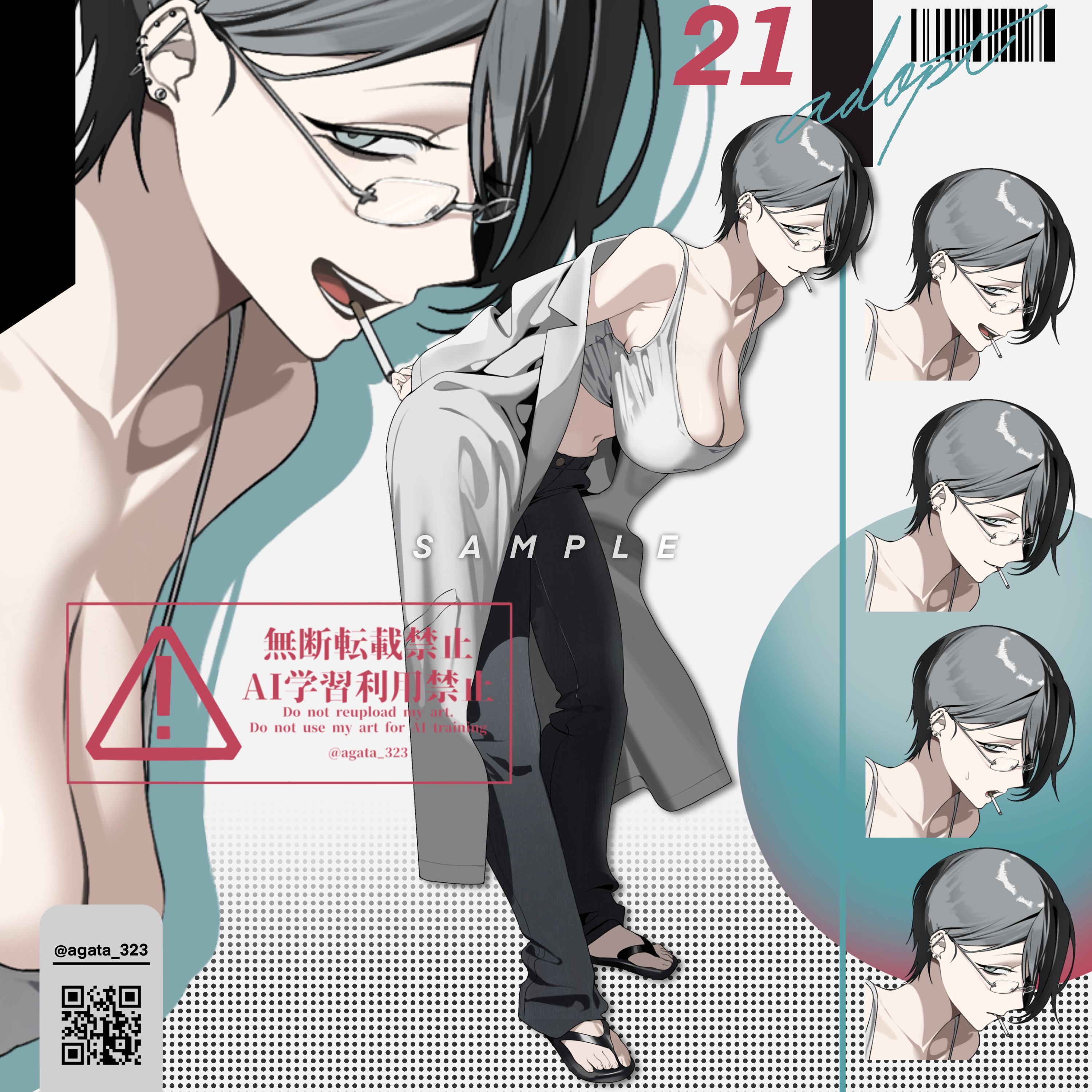 agata 323, original, absurdres, commentary request, highres, 1girl, arms behind back, bare shoulders, bent over, black hair, black pants, breasts, cigarette, cleavage, coat, ear piercing, earrings, glasses, grey eyes, hair behind ear, hanging breasts, jewelry, large breasts, looking to the side, multiple views, off-shoulder coat, off shoulder, open mouth, pants, parted bangs, piercing, pixie cut, qr code, short hair, slippers, twitter username