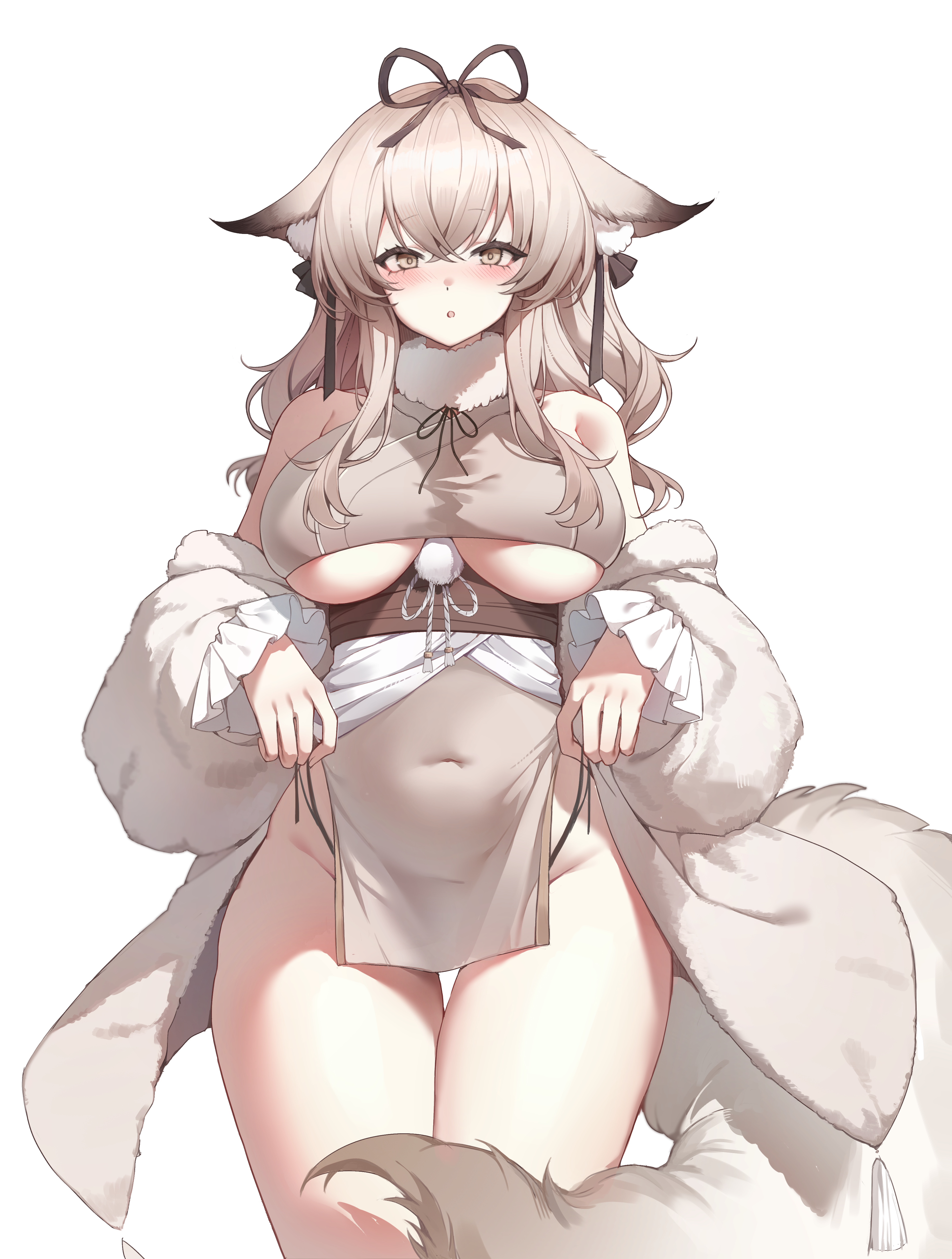 uchihasakino, minase (azur lane), azur lane, absurdres, commentary, highres, 1girl, :o, animal ear fluff, animal ears, blush, breasts, brown eyes, brown hair, brown jacket, brown ribbon, brown tail, collar, covered navel, cowboy shot, fox ears, fox girl, fox tail, fur collar, fur jacket, groin, hair between eyes, hair ribbon, jacket, japanese clothes, large breasts, long hair, looking at viewer, open clothes, open jacket, pelvic curtain, ribbon, simple background, standing, tail, underboob, white background, white collar