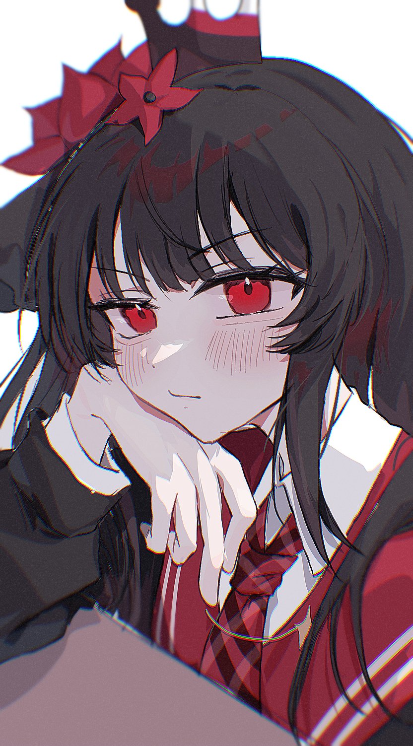 omegayukichi, nikaidou hiro, mahou shoujo no majo saiban, commentary request, highres, 1girl, black hair, closed mouth, collared shirt, crown, flower, hair flower, hair ornament, hand on own cheek, hand on own face, hand up, head rest, long hair, long sleeves, looking at viewer, magical girl, necktie, red eyes, red flower, red necktie, shirt, simple background, solo, upper body, white background, white shirt