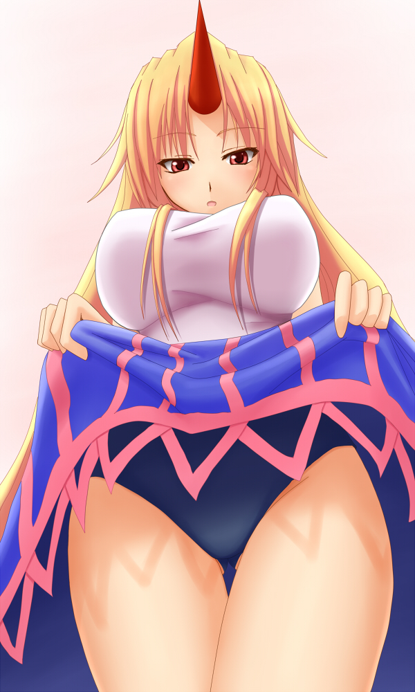 akitsuki karasu, hoshiguma yuugi, touhou, 1girl, blonde hair, breasts, clothes lift, female focus, gradient background, horns, large breasts, long hair, panties, red eyes, single horn, skirt, skirt lift, solo, underwear