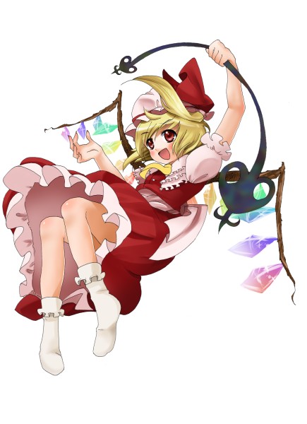 shie, shie (m417), flandre scarlet, touhou, bad id, bad pixiv id, 1girl, blonde hair, blouse, collared shirt, female focus, frilled socks, frills, hat, mob cap, ribbon, shirt, short hair, socks, solo, white hat, white shirt, wings