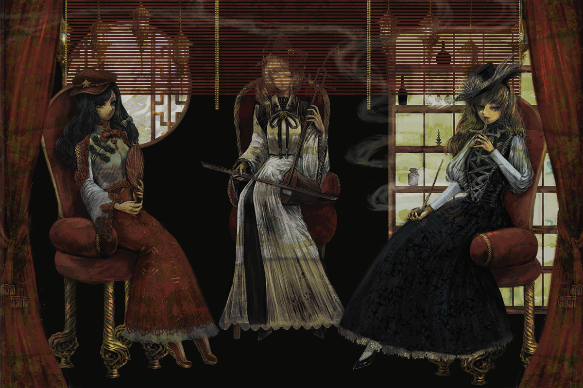 nazo (mystery), jacket girl (dipp), label girl (dipp), satsuki rin, dolls in pseudo paradise, touhou, commentary request, 3girls, armchair, black background, black bow, black dress, black hair, black hat, black ribbon, black shoes, blonde hair, bottle, bow, braid, chair, china dress, chinese clothes, closed eyes, closed mouth, cross, cross-laced clothes, cross-laced dress, curtains, dress, erhu, faux traditional media, frilled dress, frills, hair bow, hat, hat feather, holding, holding cross, holding smoking pipe, juliet sleeves, lantern, long hair, long sleeves, multiple girls, puffy sleeves, red bow, red hat, red skirt, ribbon, shelf, shirt, shoes, single braid, sitting, skirt, smoke, smoke trail, smoking pipe, socks, stage curtains, star (symbol), tiptoes, white bow, white dress, white shirt, white socks, wide sleeves, window, window blinds