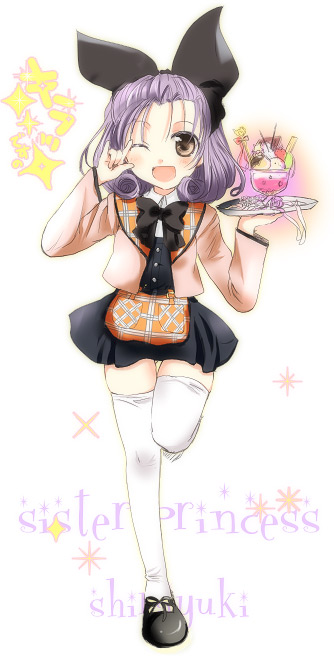 kayune niu, kayuumi, shirayuki (sister princess), sister princess, non-web source, 00s, brown eyes, dress, drill hair, food, one eye closed, parfait, purple hair, short hair, solo, thighhighs, tray, wink