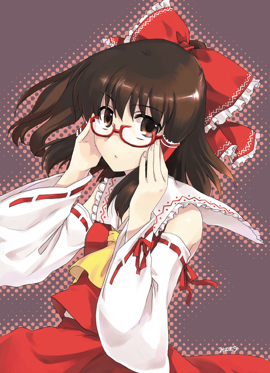 misaki juri, hakurei reimu, touhou, highres, 1girl, adjusting eyewear, bespectacled, female focus, glasses, halftone, halftone background, japanese clothes, miko, ribbon, skirt, solo