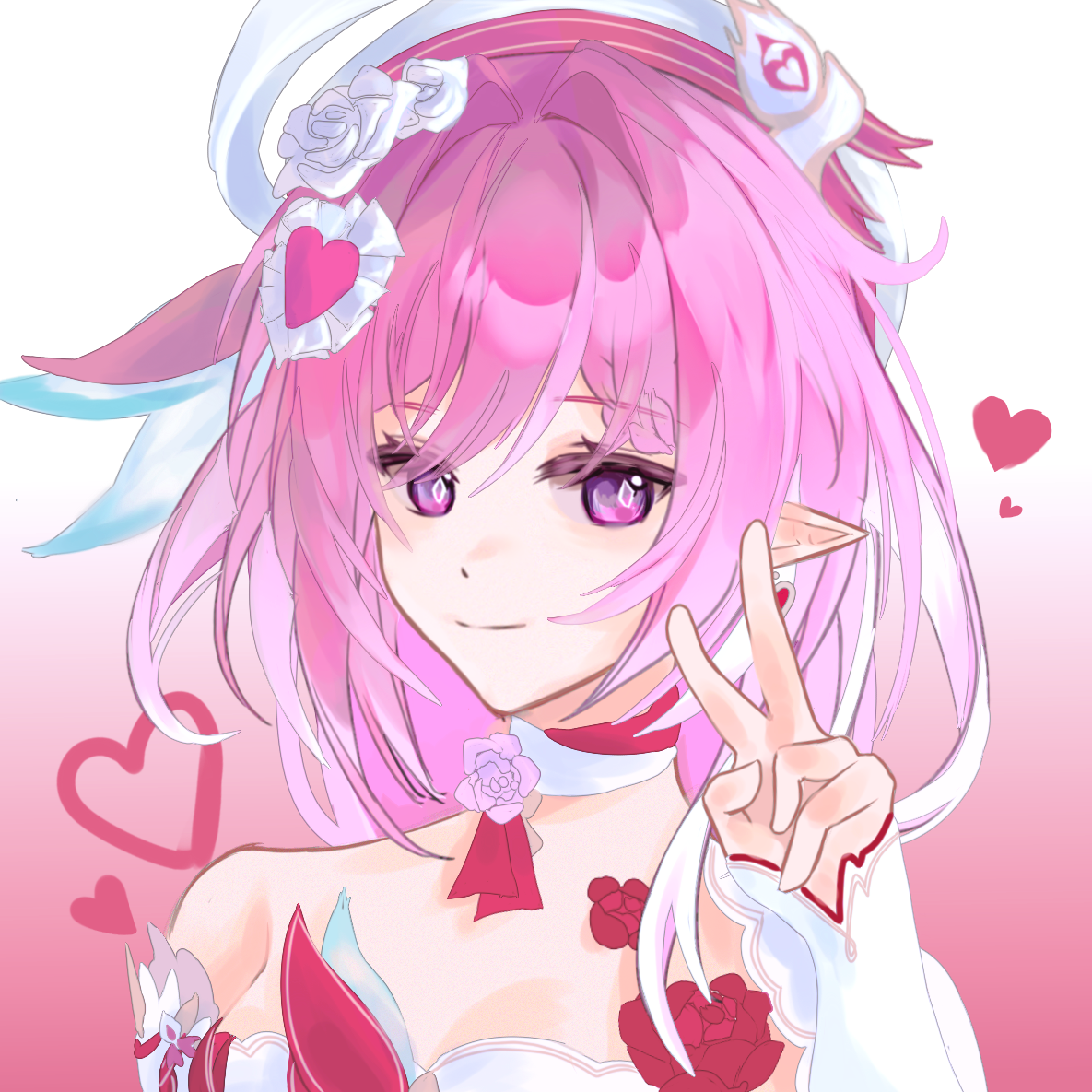 elysia (hi love elf) (honkai impact), elysia (honkai impact), honkai (series), honkai impact 3rd, chinese commentary, commentary request, 1girl, beret, breasts, cleavage, diamond-shaped pupils, diamond (shape), elf, gradient background, hat, heart, long hair, looking at viewer, medium breasts, multicolored hair, pink hair, pointy ears, purple eyes, smile, solo, symbol-shaped pupils, tmlinluo, two-tone hair, upper body, v, white hair