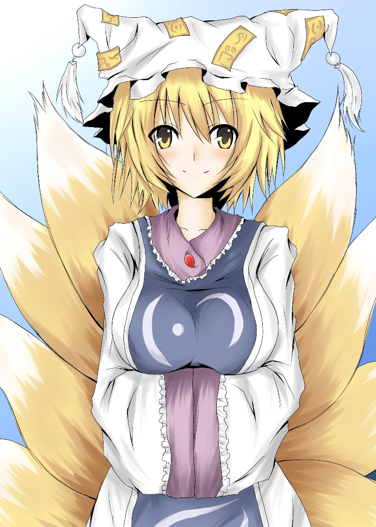 ram hachimin, yakumo ran, touhou, 1girl, animal ears, animal hat, blonde hair, female focus, fox ears, fox tail, gradient background, hands in opposite sleeves, hat, long sleeves, mob cap, short hair, solo, tail, tassel, wide sleeves