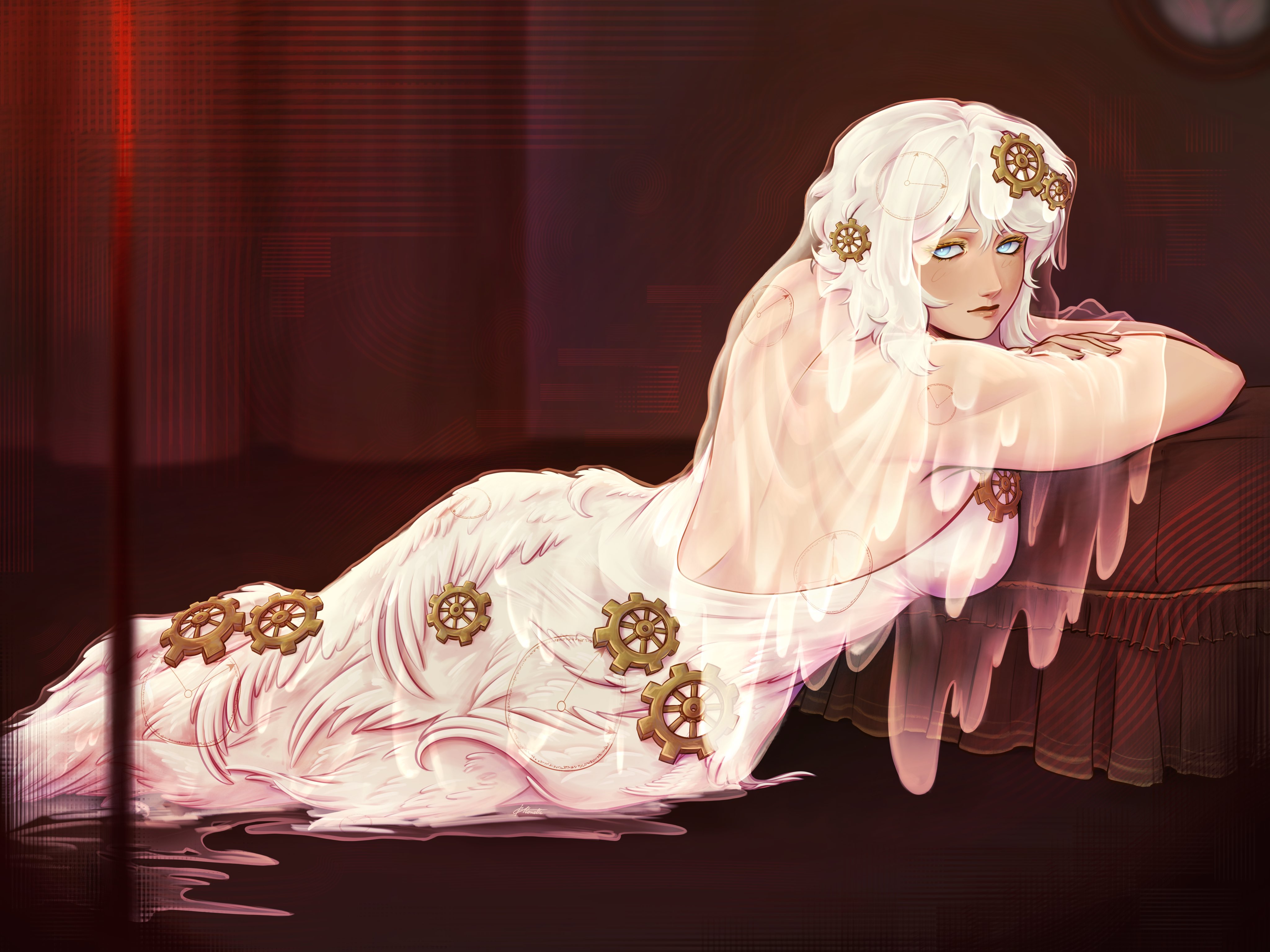 faust (project moon), limbus company, project moon, absurdres, highres, 1girl, analog clock, backless dress, backless outfit, blue eyes, breasts, bridal veil, clock, clock print, dress, e.g.o (project moon), everlasting (e.g.o), feathers, gear hair ornament, gears, hollowordsbirds, looking at viewer, lying, short hair, solo, veil, wall clock, wedding dress, white dress, white hair, white veil, wings