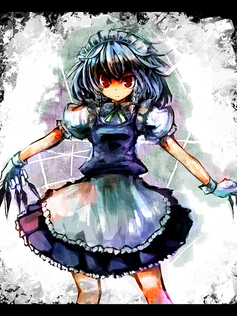 ukyo rst, izayoi sakuya, touhou, silver hair, 1girl, between fingers, braid, female focus, gloves, holding, knife, maid, short hair, solo, throwing knife, twintails, weapon