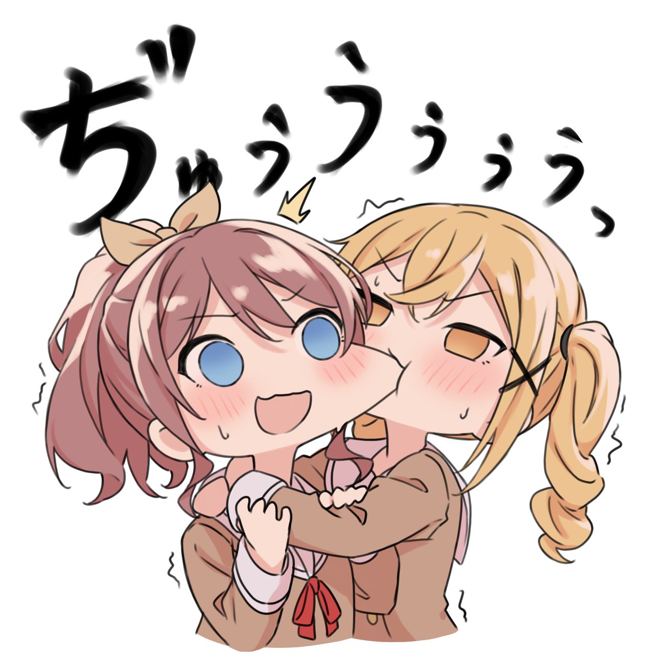 kanade (kanade 3344), ichigaya arisa, yamabuki saya, bang dream!, commentary request, highres, 2girls, biting, biting cheek, blonde hair, blue eyes, blush, brown dress, brown hair, dress, hair ornament, half updo, hanasakigawa school uniform, long hair, multiple girls, open mouth, sailor collar, sailor dress, school uniform, sweatdrop, twintails, white background, white sailor collar, x hair ornament