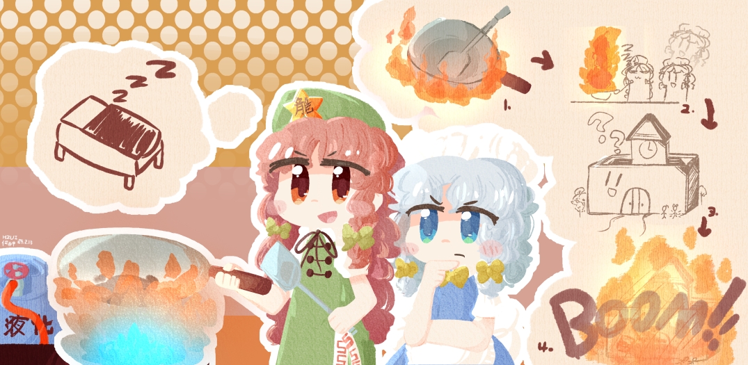 hzui, hong meiling, izayoi sakuya, touhou, fluffy hair, chinese commentary, >:(, 2girls, :d, ?, ??, apron, artist name, back bow, bed, beret, black bow, blue dress, blue eyes, blush stickers, bow, braid, chibi, china dress, chinese clothes, closed mouth, cooking, dated, dress, explosion, fire, furrowed brow, gradient background, green dress, green hat, grey hair, hair bow, hand on own chin, hat, holding, holding spatula, long hair, maid headdress, medium hair, multiple girls, multiple hair bows, open mouth, polka dot, polka dot background, propane tank, puffy short sleeves, puffy sleeves, red eyes, red hair, scarlet devil mansion, short sleeves, smile, sound effects, spatula, speech bubble, star (symbol), thinking, thought bubble, twin braids, v-shaped eyebrows, white apron, wok, yellow bow, zzz
