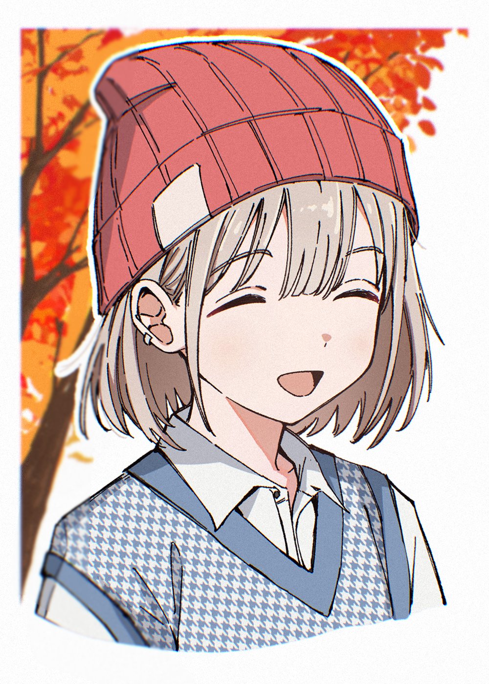 qaqyes re, serizawa asahi, idolmaster, idolmaster shiny colors, highres, 1girl, :d, ^ ^, autumn, autumn leaves, beanie, blue shirt, blurry, blush, closed eyes, collared shirt, depth of field, earrings, grey hair, hat, jewelry, leaf, open mouth, shirt, smile, solo, upper body, white shirt