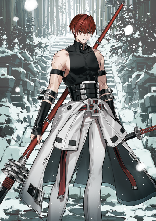 itefu, fate/grand order, fate (series), game cg, official art, third-party source, 1boy, armband, bare shoulders, belt, black belt, black gloves, black shirt, clothes around waist, covered pectorals, feet out of frame, fingerless gloves, gloves, hair intakes, hair over eyes, harada sanosuke (fate), high collar, holding, holding polearm, holding weapon, jacket, jacket around waist, katana, legs apart, looking at viewer, male focus, multiple scars, outdoors, pants, parted lips, pectorals, polearm, red hair, scar, scar on arm, scar on shoulder, sheath, sheathed, shirt, short hair, sleeveless, sleeveless shirt, solo, stairs, standing, sword, toned, toned male, weapon, white jacket, white pants