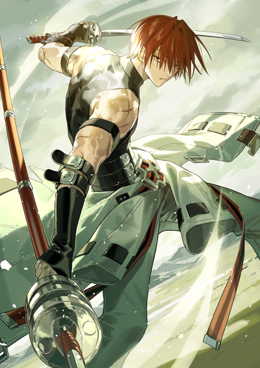 itefu, fate/grand order, fate (series), game cg, official art, third-party source, 1boy, armband, asymmetrical dual wielding, attack trail, bare shoulders, belt, black belt, black gloves, black shirt, clothes around waist, dual wielding, dutch angle, dynamic pose, feet out of frame, fingerless gloves, gloves, grey background, hair intakes, hair over eyes, harada sanosuke (fate), high collar, holding, holding polearm, holding sword, holding weapon, jacket, jacket around waist, katana, male focus, multiple scars, pants, parted lips, polearm, red hair, scar, scar on arm, scar on shoulder, shirt, short hair, sleeveless, sleeveless shirt, solo, sword, toned, toned male, weapon, white jacket, white pants