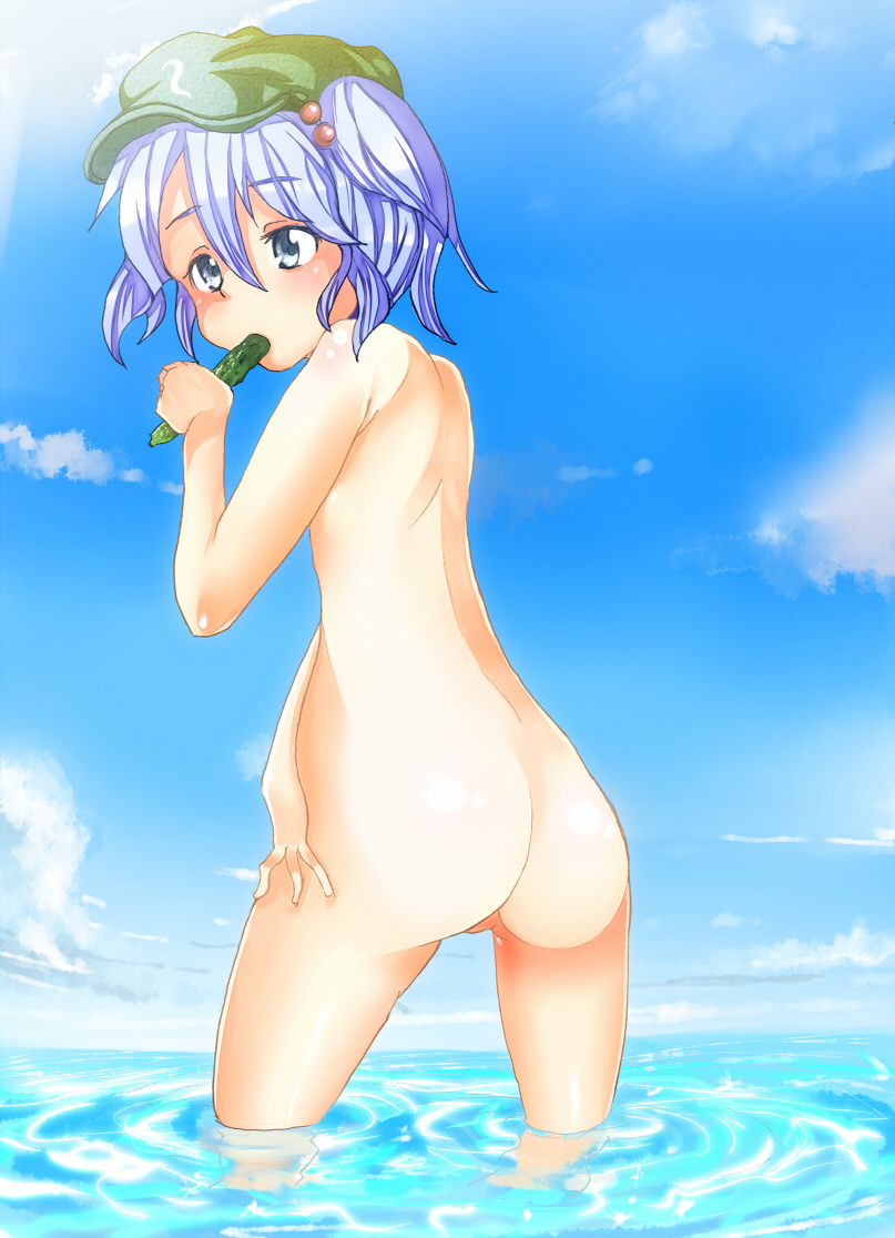 ryouma (galley), kawashiro nitori, touhou, bad id, bad pixiv id, 1girl, ass, back, bad anatomy, blue eyes, blue hair, cloud, cucumber, day, eating, female focus, flat chest, hat, loli, looking back, matching hair/eyes, no pussy, nude, short hair, sky, solo, two side up, wading, water