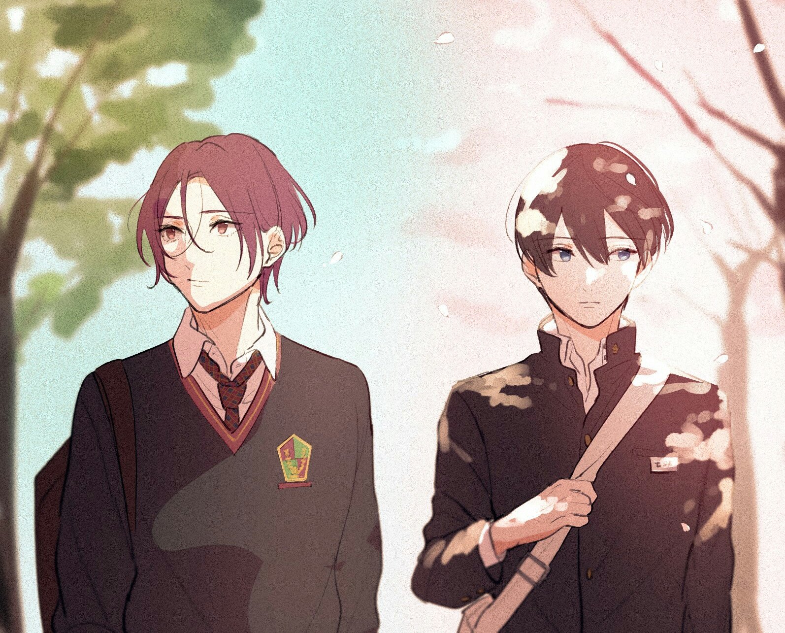 matsuoka rin, nanase haruka (free!), free!, commentary request, highres, 2boys, cherry blossoms, closed mouth, collared shirt, gakuran, hair between eyes, long sleeves, male focus, multiple boys, petals, red hair, school uniform, shaaark rotta03, shirt, short hair, spring (season), sweater, upper body, white shirt