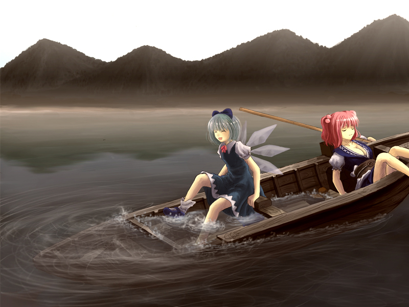 risu taru, risutaru, cirno, onozuka komachi, touhou, 2girls, blue hair, boat, female focus, multiple girls, red hair, ribbon, short hair, sinking, sleeping, water, watercraft, wings