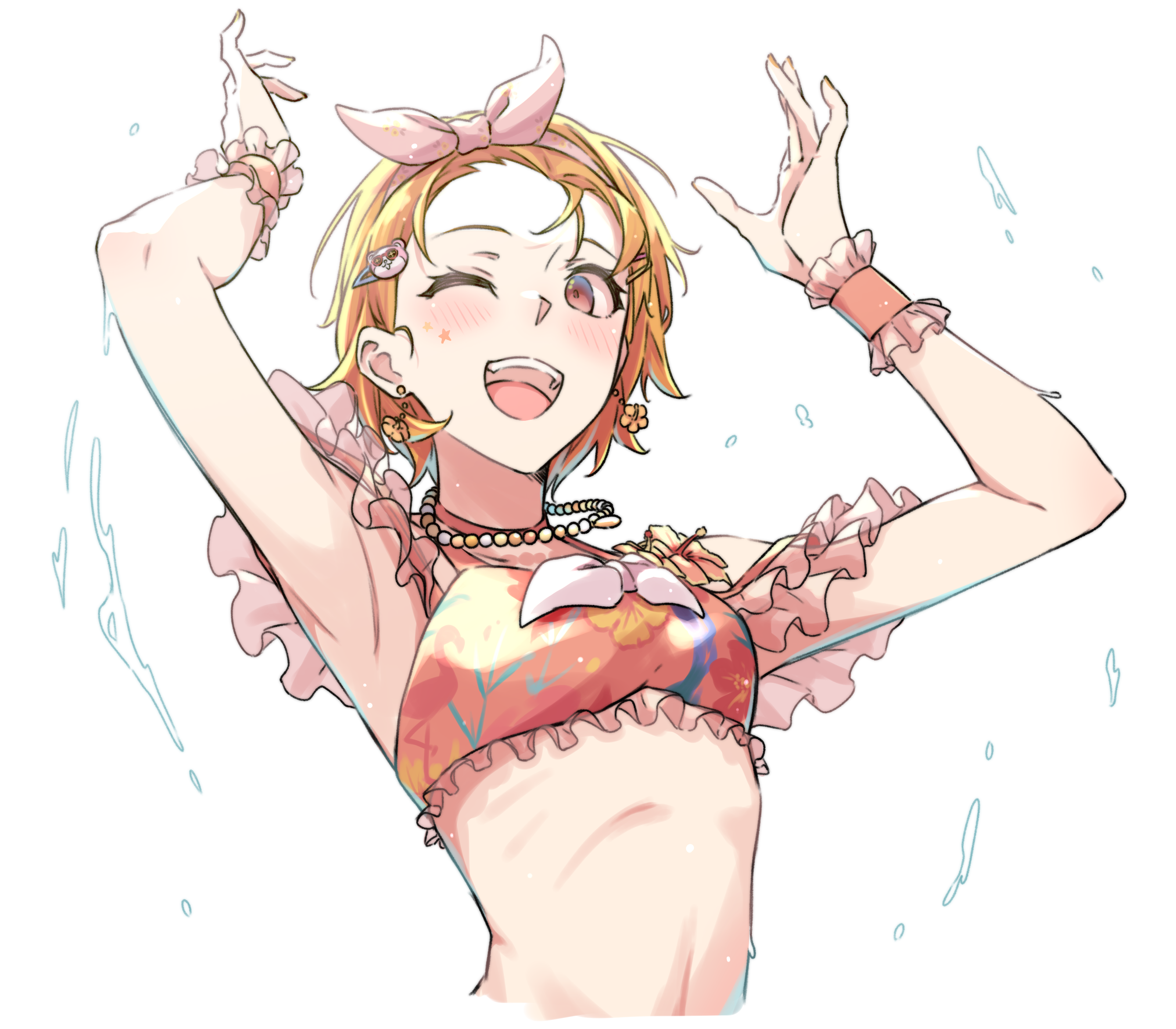 kanade (kanade 3344), kitazawa hagumi, bang dream!, absurdres, commentary request, highres, 1girl, arms up, bead necklace, beads, bikini, breasts, earrings, hair ornament, hair ribbon, hairclip, jewelry, medium breasts, necklace, open mouth, orange bikini, orange hair, pink ribbon, ribbon, short hair, solo, stomach, swimsuit, teeth, upper body, upper teeth only, wrist cuffs