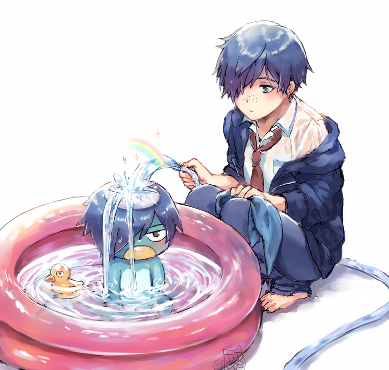 andressina, kuji toi, sarazanmai, 1boy, barefoot, blue eyes, blue hair, blue jacket, dual persona, freckles, full body, hair over one eye, holding, holding hose, hose, jacket, kappa, male focus, necktie, rainbow, red necktie, rubber duck, shirt, short hair, sparkle, squatting, wading pool, wet, wet clothes, wet shirt, white shirt