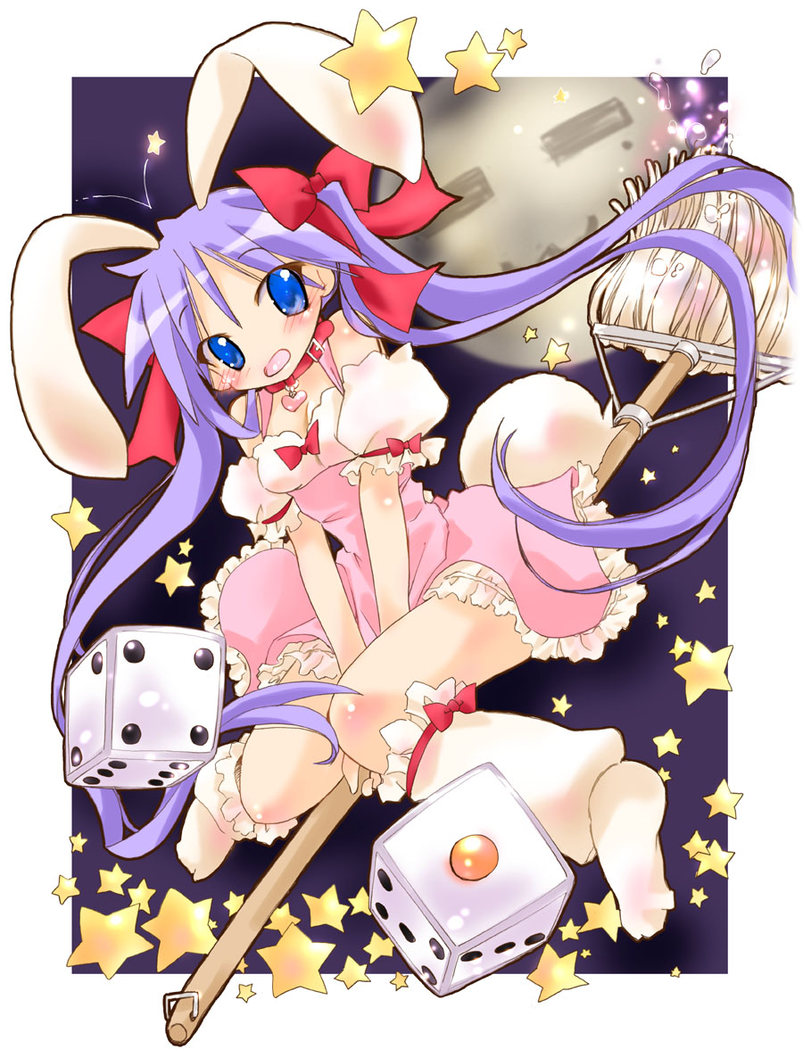 hiiragi kagami, usada hikaru, di gi charat, lucky star, non-web source, animal ears, blue eyes, cosplay, dice, long hair, mop, purple hair, rabbit ears, solo, star (symbol), twintails, usada hikaru (cosplay)