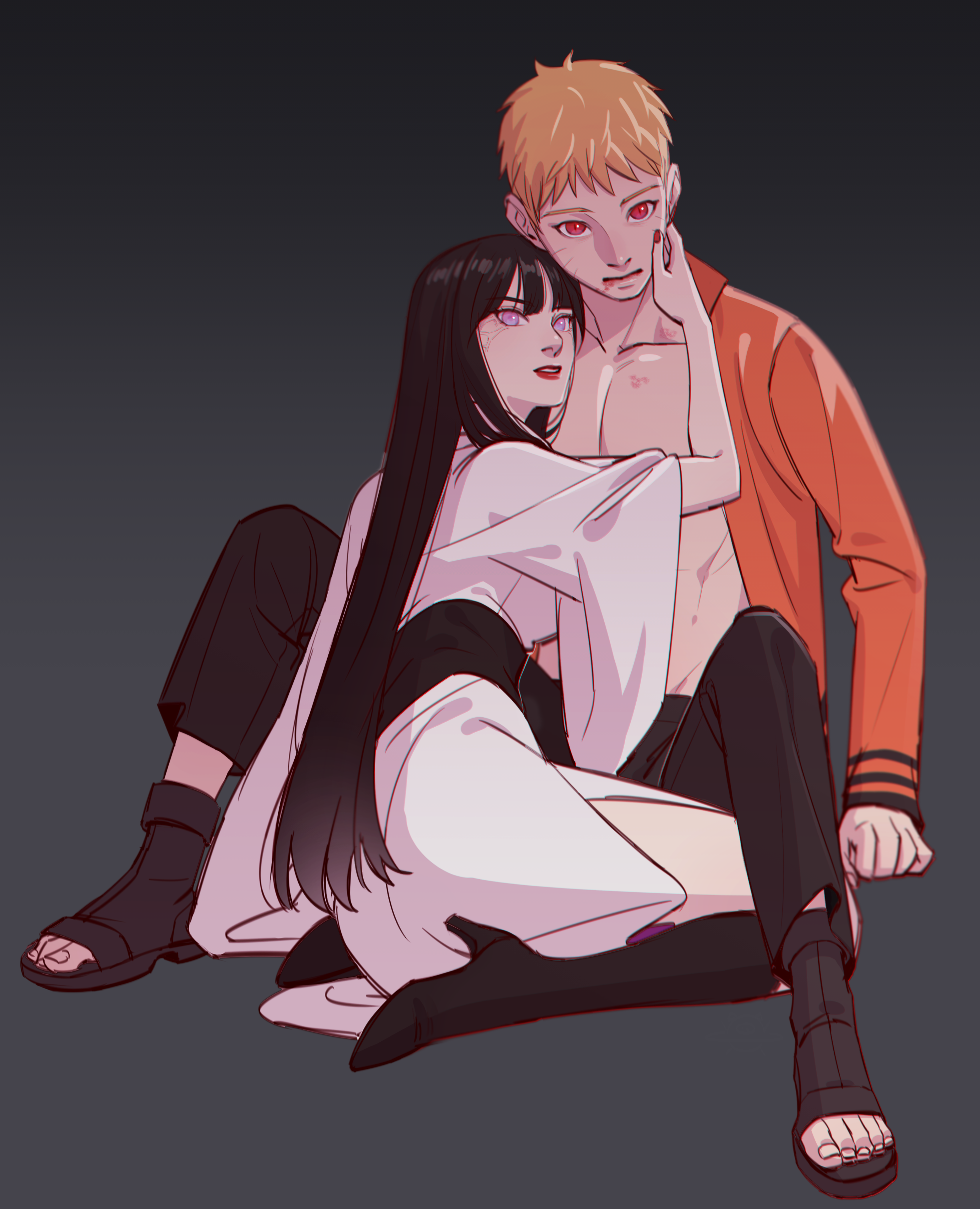 hyuuga hinata, uzumaki naruto, boruto: naruto next generations, naruto (series), absurdres, commentary request, highres, korean commentary, 1boy, 1girl, bare pectorals, black hair, blonde hair, boots, byakugan, facial mark, high heel boots, high heels, jacket, japanese clothes, kimono, lipstick, long hair, makeup, negeotibeu dungji, open-toe shoes, open clothes, open jacket, pectorals, purple eyes, red eyes, red lips, short kimono, veins, whisker markings, wide sleeves