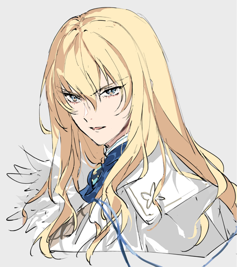 m-tobiei, kirschtaria wodime, fate/grand order, fate (series), 1boy, ascot, bishounen, blonde hair, blue ascot, blue eyes, brooch, cape, cropped shoulders, feathers, grey background, hair between eyes, jewelry, long hair, looking at viewer, male focus, parted lips, simple background, sketch, solo, v-shaped eyebrows, white cape, white feathers