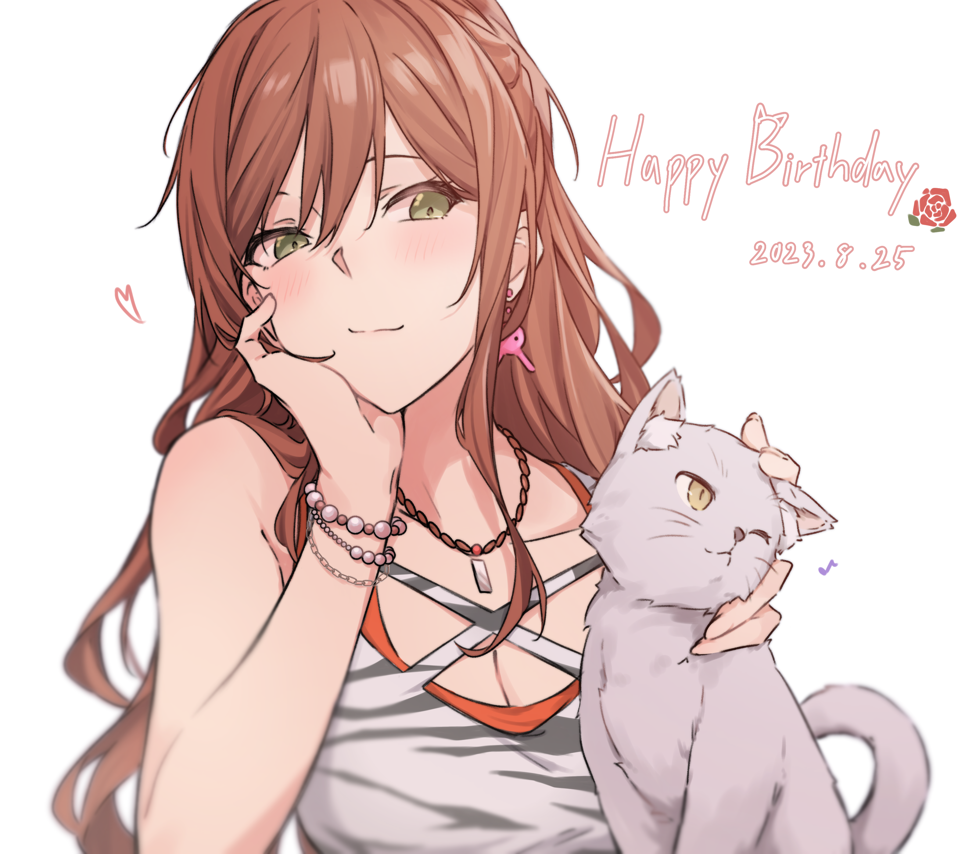 kanade (kanade 3344), imai lisa, minato yukina, bang dream!, absurdres, commentary request, highres, 2girls, animalization, blush, bracelet, brown hair, cat, closed mouth, dated, earrings, green eyes, half updo, happy birthday, head rest, heart, jewelry, long hair, looking at viewer, multiple girls, sidelocks, simple background, tank top, white background, white tank top