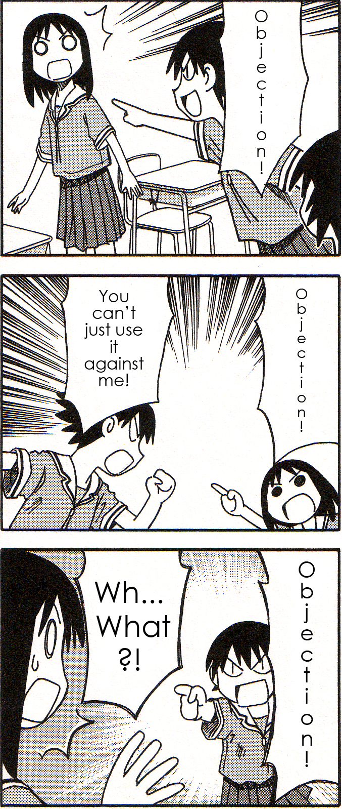 kasuga ayumu, takino tomo, ace attorney, azumanga daiou, capcom, hard-translated, highres, long image, tall image, third-party edit, translated, comic, monochrome, objection, parody