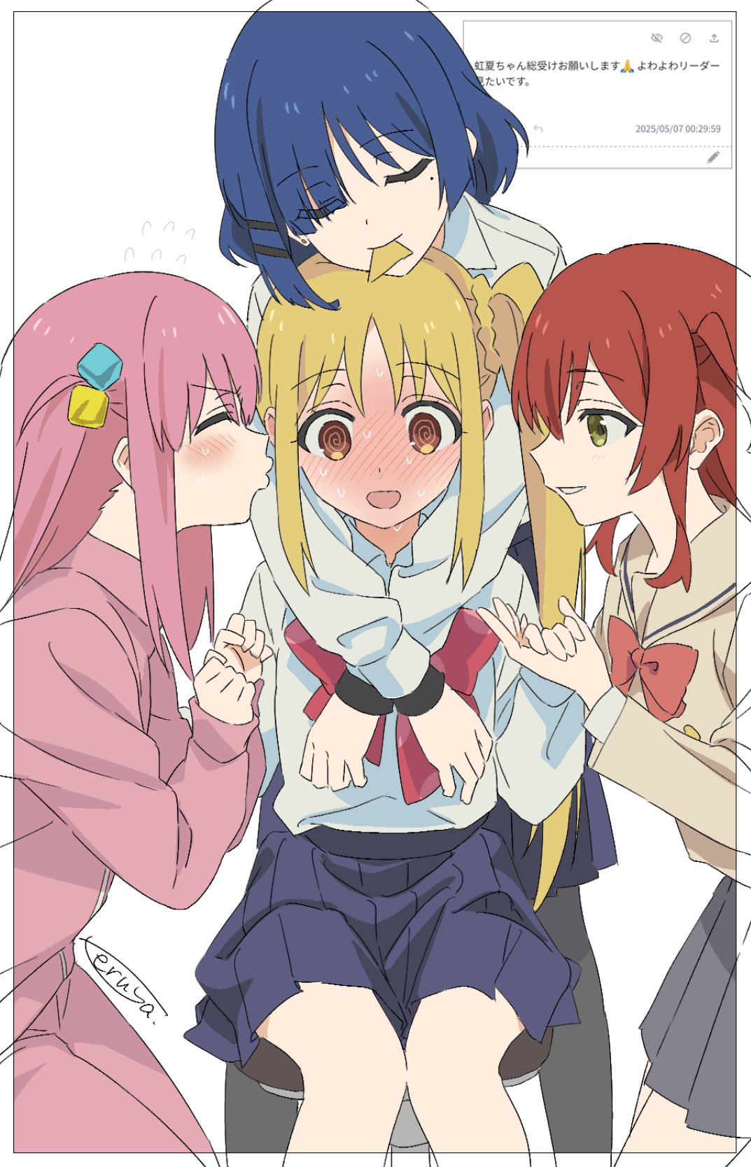teruya (6w6y), gotoh hitori, ijichi nijika, kita ikuyo, yamada ryo, bocchi the rock!, commentary request, highres, translation request, 4girls, @ @, arms around neck, blonde hair, blue hair, blue skirt, blush, bow, bowtie, closed eyes, cube hair ornament, flying sweatdrops, full-face blush, girl sandwich, green eyes, hair ornament, jacket, kessoku band, long hair, long sleeves, multiple girls, pants, parted lips, pink hair, pink jacket, pink pants, pleated skirt, puckered lips, red bow, red bowtie, red eyes, red hair, request inset, sandwiched, school uniform, shimokitazawa high school uniform, shirt, short hair, shuka high school uniform, side ponytail, simple background, skirt, smile, sweat, white background, white shirt, yellow shirt, yuri