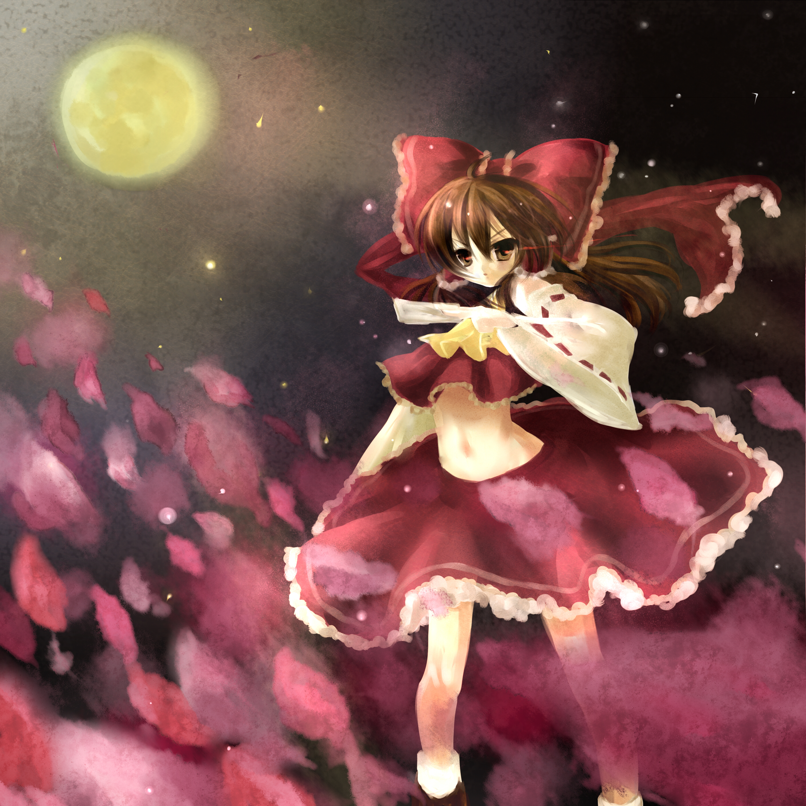 oota minoru, hakurei reimu, touhou, absurdres, bad id, bad pixiv id, highres, 1girl, bow, brown eyes, brown hair, female focus, midriff, outdoors, sky, solo