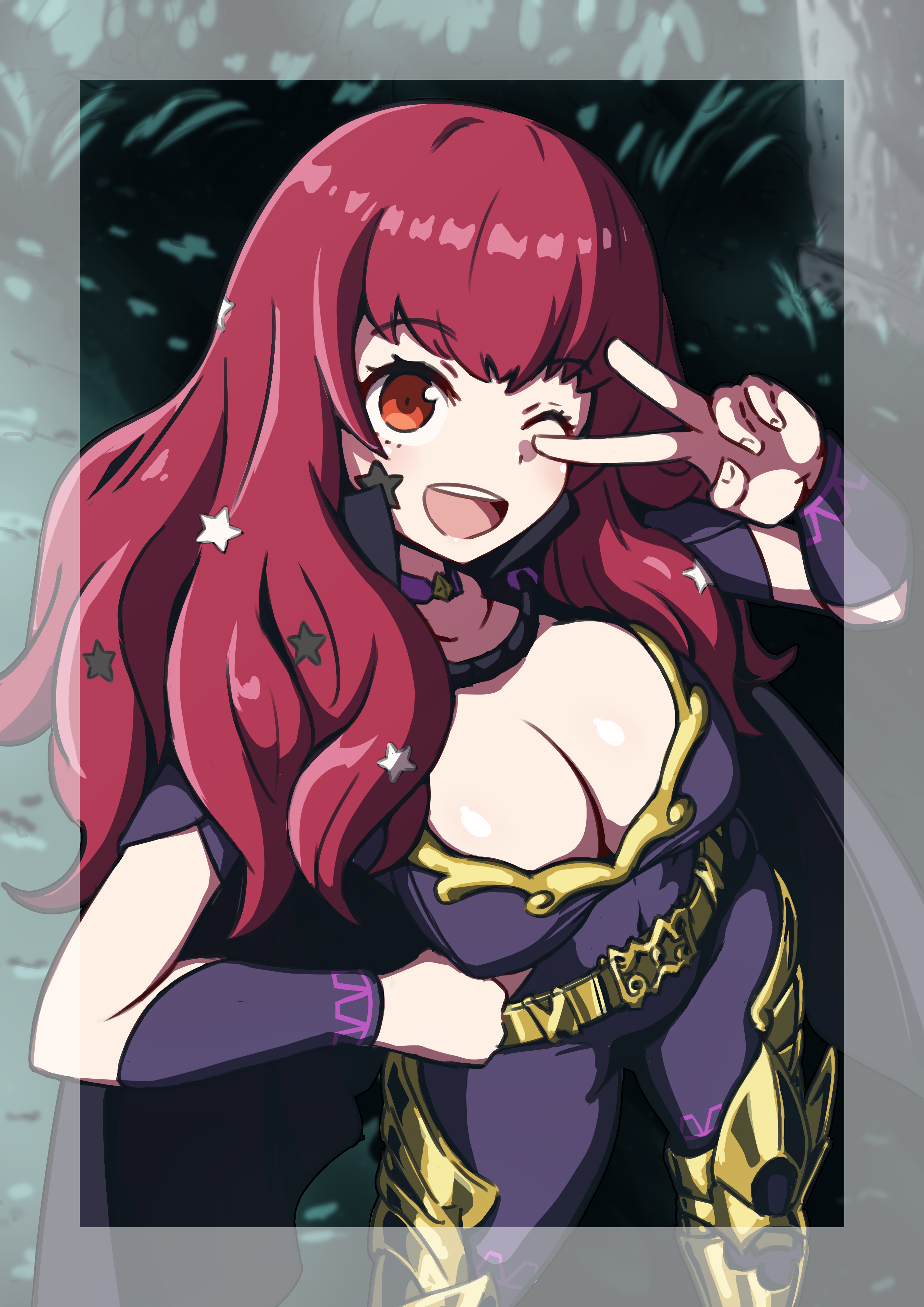 cianter, yunaka (fire emblem), fire emblem, fire emblem engage, nintendo, absurdres, highres, 1girl, belt, black cape, bodysuit, breasts, cape, choker, cleavage, clothing cutout, facial mark, gold belt, hair ornament, large breasts, long hair, looking at viewer, pink choker, purple bodysuit, red eyes, red hair, side cutout, smile, solo, star (symbol), star facial mark, star hair ornament, yellow belt