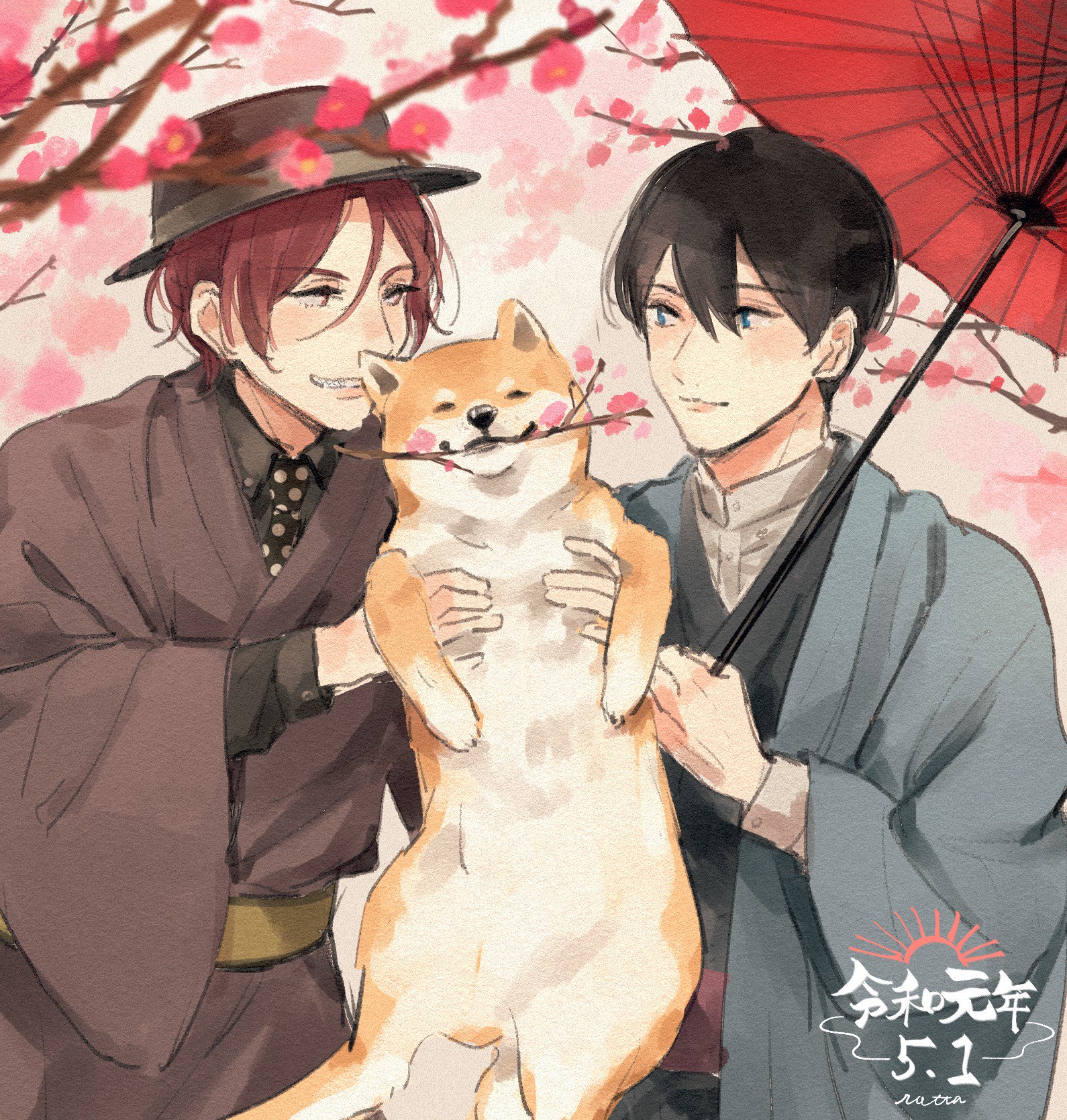 matsuoka rin, nanase haruka (free!), free!, highres, 2boys, animal, black hair, cherry blossoms, dog, hat, holding, holding animal, holding dog, japanese clothes, male focus, multiple boys, oil-paper umbrella, polka dot necktie, porkpie hat, shaaark rotta03, shiba inu, shosei, signature, spring (season), umbrella, wide sleeves