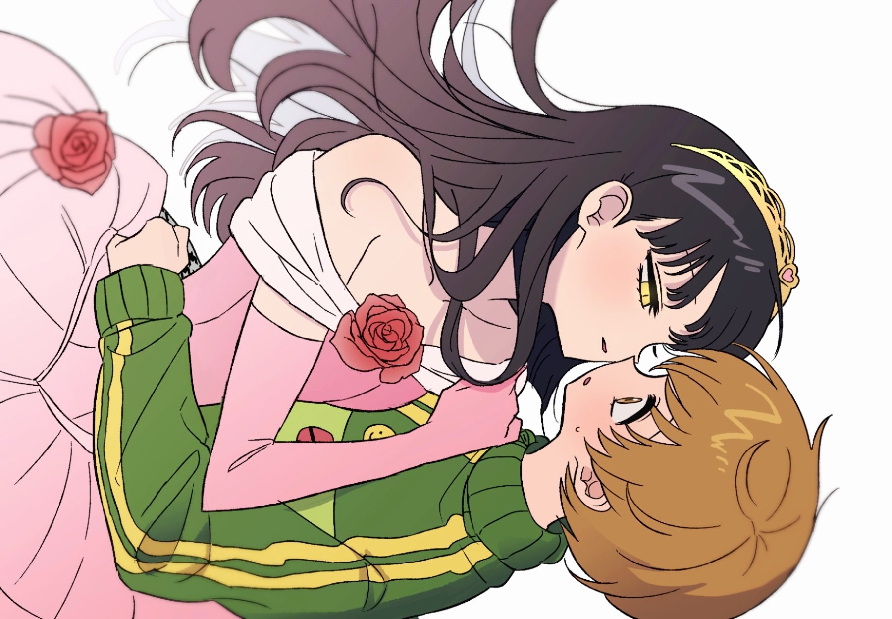 amagi yukiko, satonaka chie, shadow yukiko, persona, persona 4, commentary request, highres, 2girls, bare shoulders, black hair, blush, brown hair, dress, elbow gloves, flower, gloves, green jacket, jacket, long hair, multiple girls, off-shoulder dress, off shoulder, parted lips, pink dress, pink flower, pink gloves, pink rose, qnfrjswjsrmfla, rose, shirt, tiara, track jacket, yellow eyes, yuri