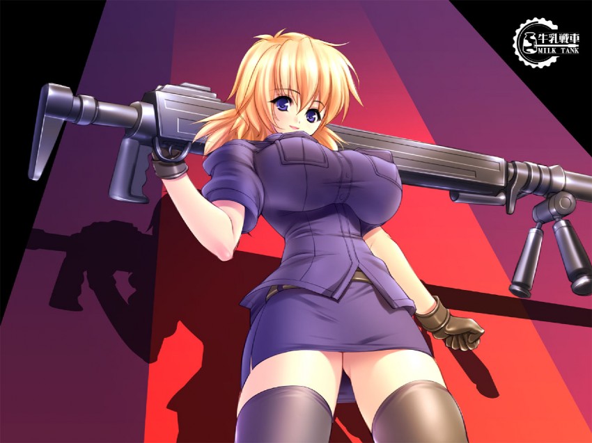 seras victoria, hellsing, anti-materiel rifle, blonde hair, blue eyes, breasts, cannon, gloves, gun, harkonnen (gun), large breasts, military, military uniform, rifle, skirt, sniper rifle, thighhighs, weapon