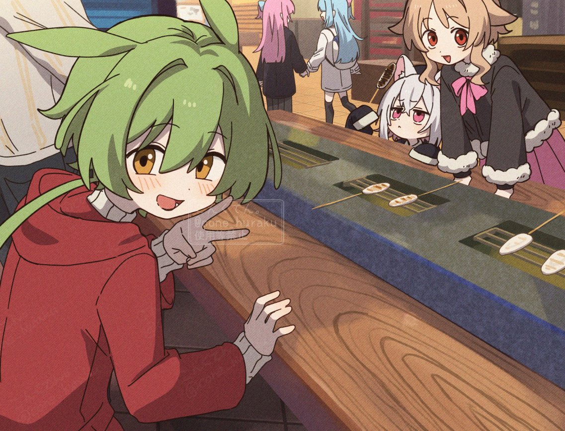 corn kuten, kotonoha akane, kotonoha aoi, sayo (voicevox), voiceroid, voicevox, character request, commentary request, 5girls, :d, animal ear fluff, animal ears, blonde hair, blue hair, blush, bow, bowtie, cat ears, cat girl, closed mouth, green hair, grey hair, hair between eyes, hand up, hood, hood down, hoodie, long hair, long sleeves, looking at viewer, multiple girls, open mouth, pink bow, pink bowtie, pink hair, red eyes, red hoodie, short hair, smile, v, watermark, yellow eyes