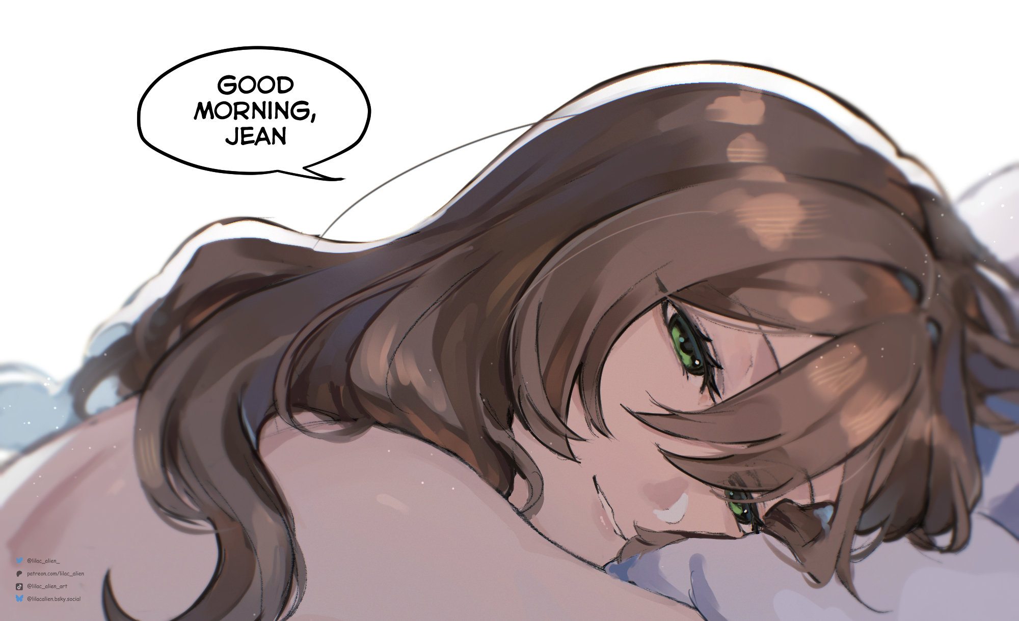lilac alien, lisa (genshin impact), genshin impact, commentary, english commentary, highres, 1girl, brown hair, english text, green eyes, implied yuri, light particles, long hair, nude, parted lips, simple background, smile, solo, speech bubble, white background