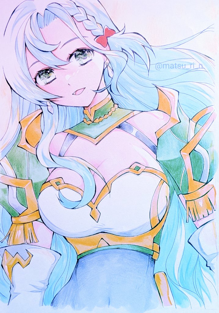 chika 1, chloe (fire emblem), fire emblem, fire emblem engage, nintendo, 1girl, aqua hair, armor, bow, braid, breastplate, breasts, cleavage, earrings, elbow gloves, gloves, green eyes, jewelry, large breasts, long hair, looking at viewer, orange bow, shoulder armor, side braid, solo, teardrop earrings, white gloves