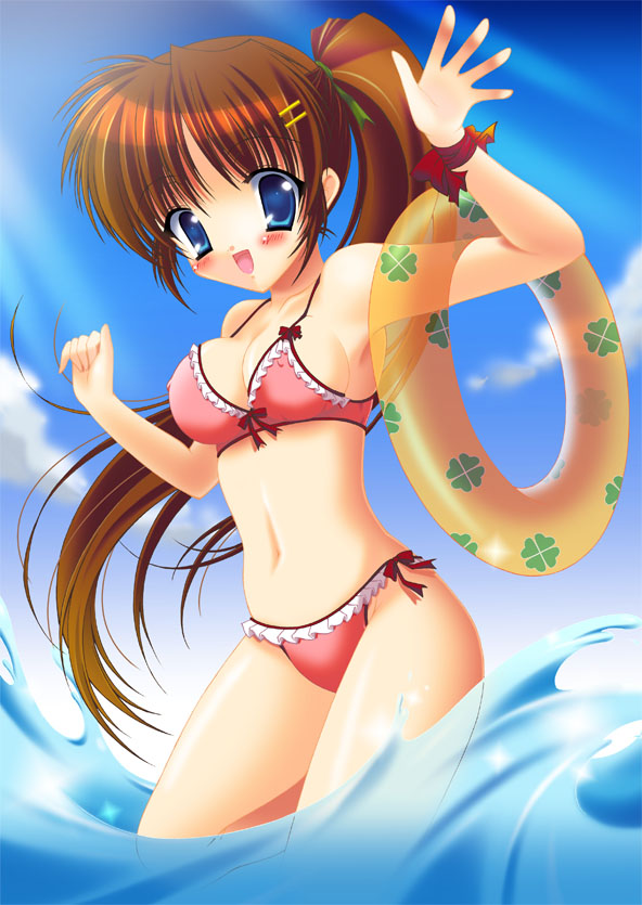 mizuki chika, takamachi nanoha, lyrical nanoha, mahou shoujo lyrical nanoha, bad id, bad pixiv id, 00s, 1girl, bikini, blue eyes, breasts, brown hair, cleavage, day, female focus, innertube, long hair, medium breasts, pink bikini, ponytail, side ponytail, solo, swim ring, swimsuit, water