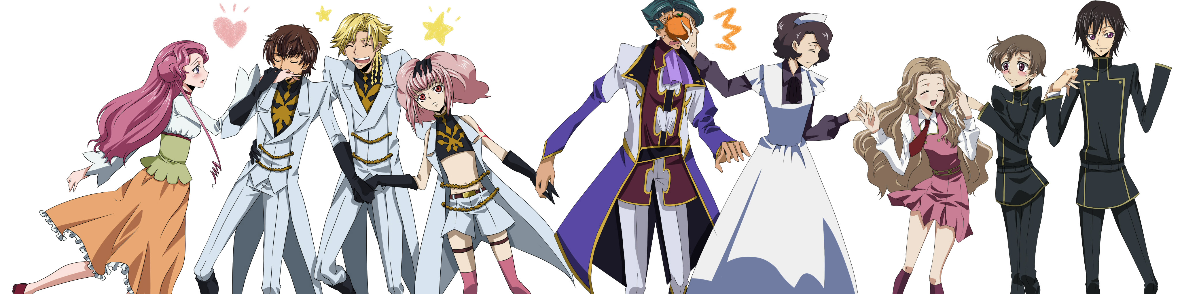 freckle, furekuru (freckle), anya alstreim, euphemia li britannia, gino weinberg, jeremiah gottwald, kururugi suzaku, lelouch vi britannia, nunnally vi britannia, rolo lamperouge, shinozaki sayoko, code geass, absurdres, highres, long image, wide image, 00s, 4girls, 5boys, food, fruit, holding hands, long hair, multiple boys, multiple girls, orange (fruit), very long hair