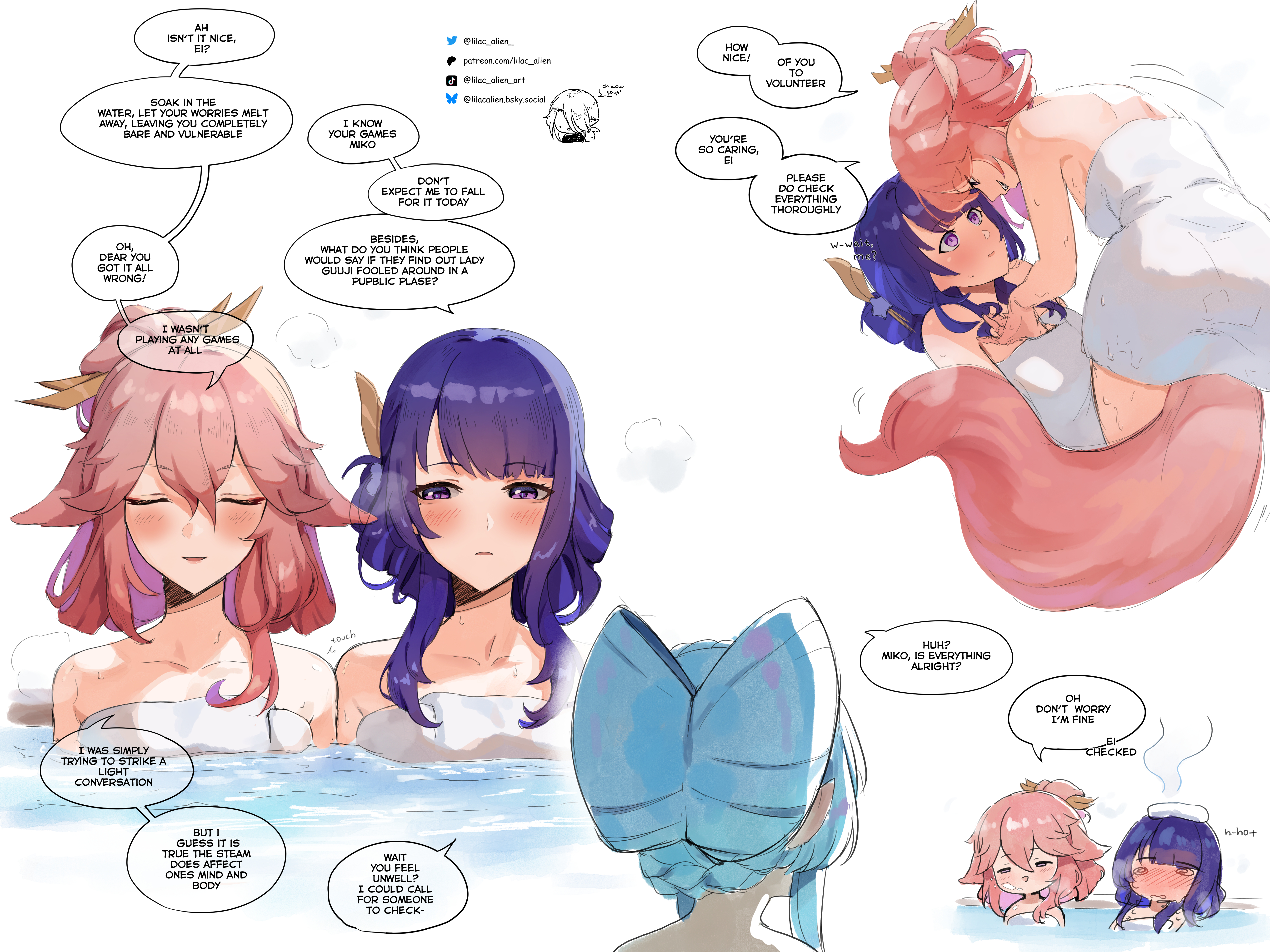lilac alien, raiden shogun, yae miko, yumemizuki mizuki, genshin impact, absurdres, commentary, english commentary, highres, 3girls, animal ears, bare arms, bare shoulders, blue hair, blush, closed eyes, english text, fox ears, fox girl, fox tail, hand on another's shoulder, long hair, multiple girls, naked towel, onsen, parted lips, partially submerged, pink hair, purple eyes, purple hair, simple background, smile, speech bubble, tail, towel, wet, white background, yuri