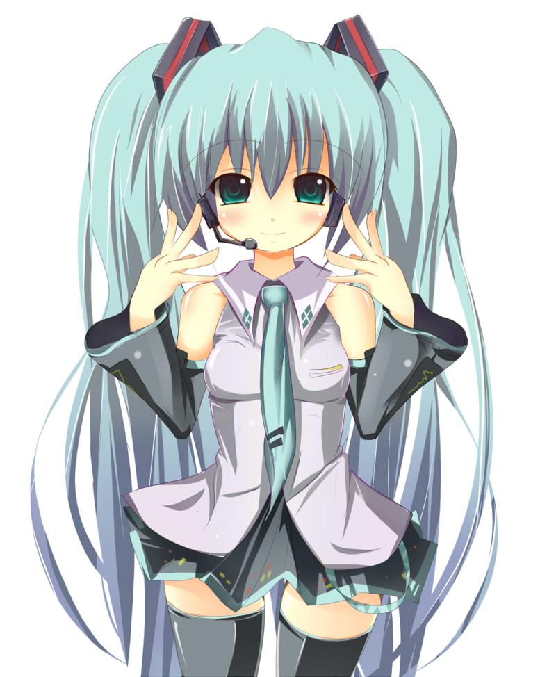 shikano sumiaki, hatsune miku, vocaloid, bad id, bad pixiv id, 1girl, aqua hair, detached sleeves, female focus, green eyes, headset, long hair, necktie, skirt, solo, thighhighs, twintails, very long hair, zettai ryouiki