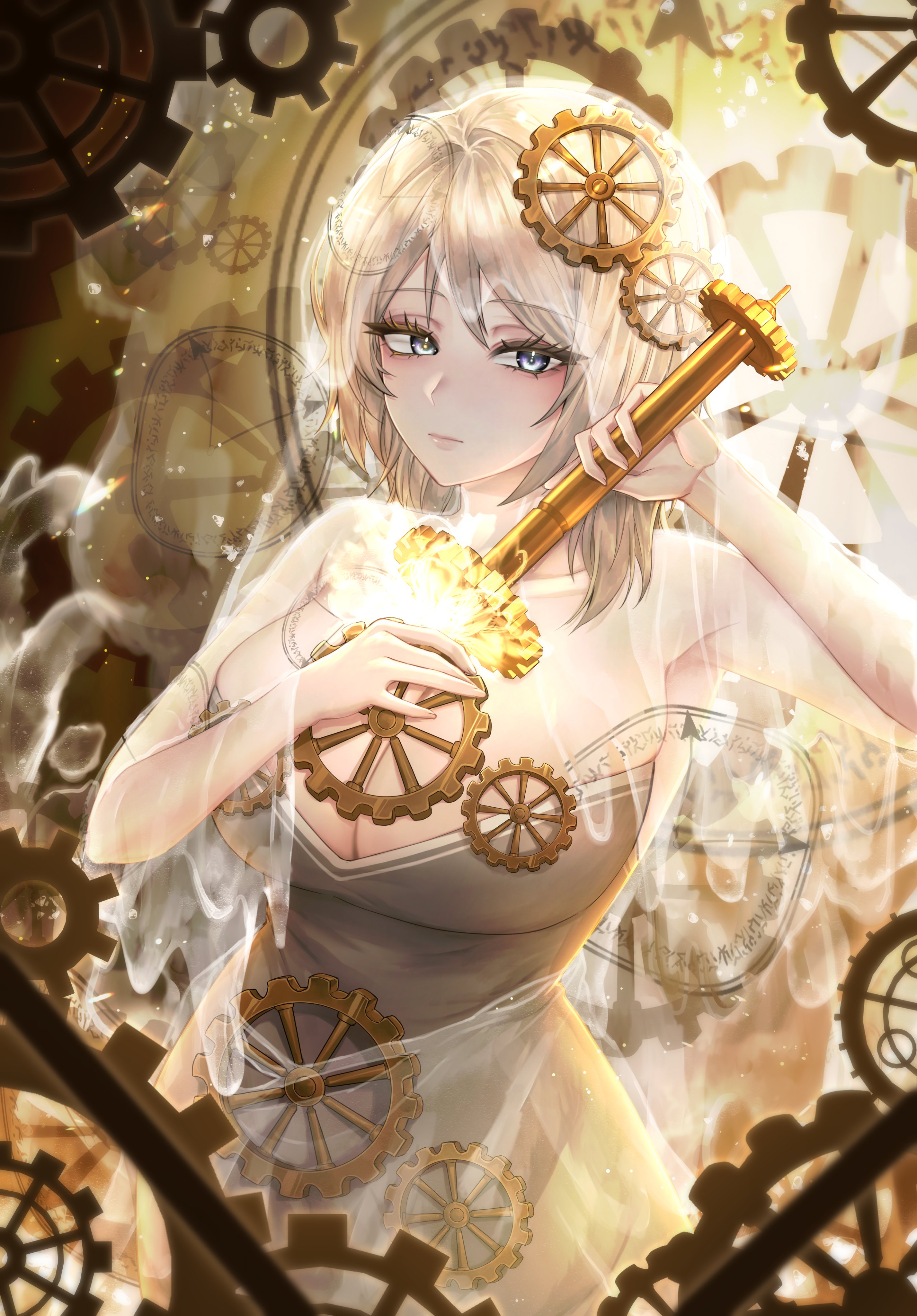 sipyung, faust (project moon), limbus company, project moon, absurdres, highres, 1girl, analog clock, blue eyes, breasts, bridal veil, cleavage, clock, clock hair ornament, clock print, closed mouth, drawing sword, dress, e.g.o (project moon), everlasting (e.g.o), gear hair ornament, gears, glowing, glowing sword, glowing weapon, holding, holding sword, holding weapon, human scabbard, large breasts, looking at viewer, medium hair, object on breast, solo, sword, sword between breasts, veil, weapon, wedding dress, white dress, white hair, white veil