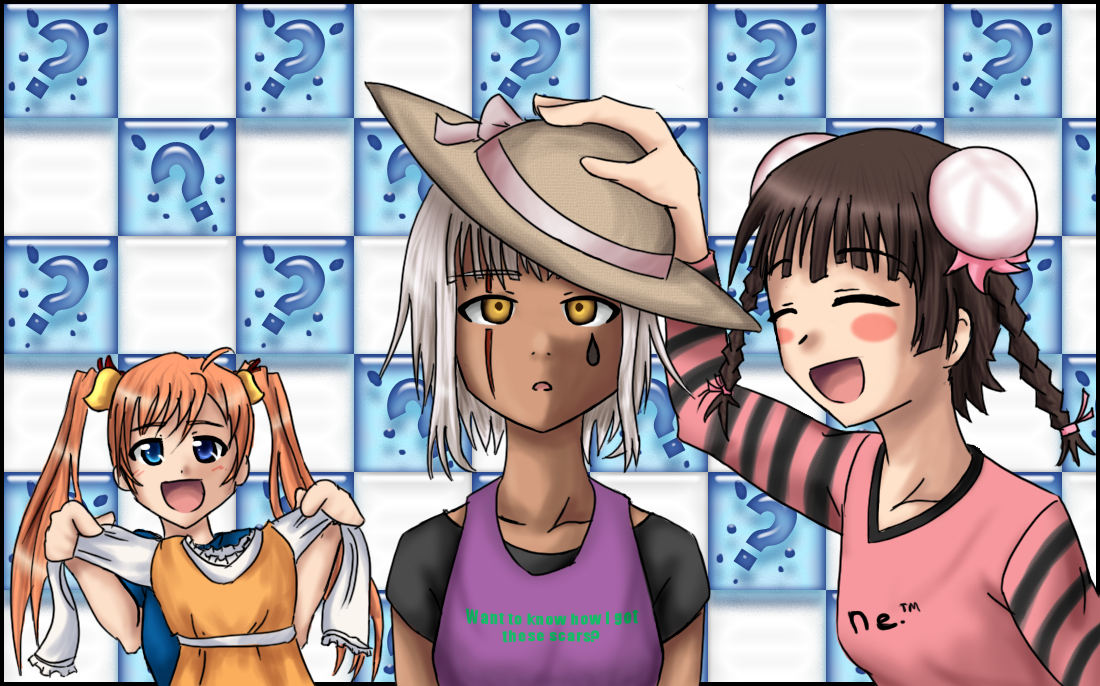 chao lingshen, kagurazaka asuna, zazie rainyday, mahou sensei negima!, 00s, bun cover, dark-skinned female, dark skin, double bun, hat